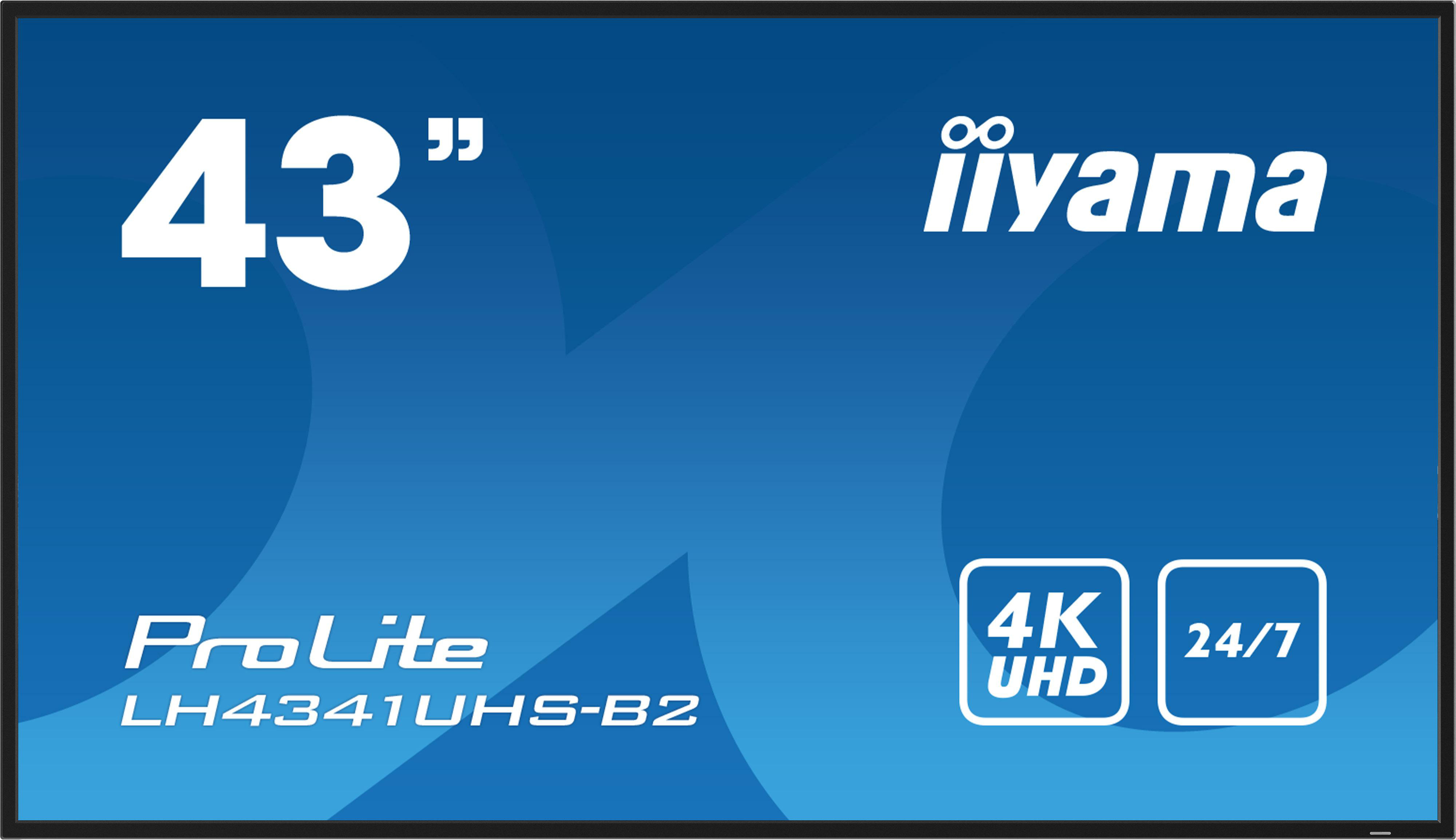 Ein blauer iiyama ProLite 43" Monitor. Zu den Merkmalen gehören 4K UHD, 24/7-Betrieb und das Modell LH4341UHS-B2.