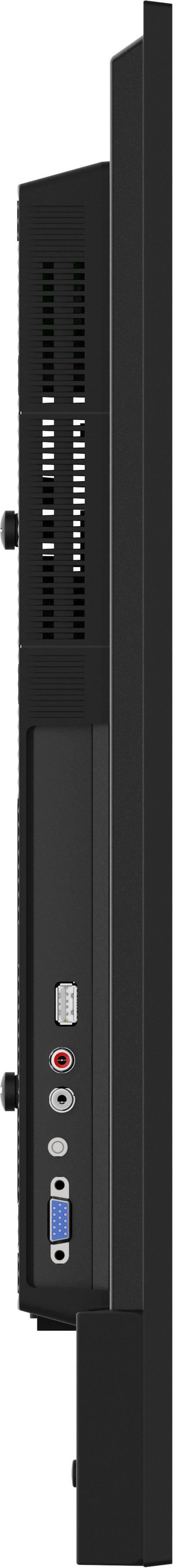 Seitenansicht eines schwarzen Monitors. Er hat Anschlüsse für verschiedene Kabel. Enthält einen VGA-Anschluss, Audio- und USB-Anschlüsse.