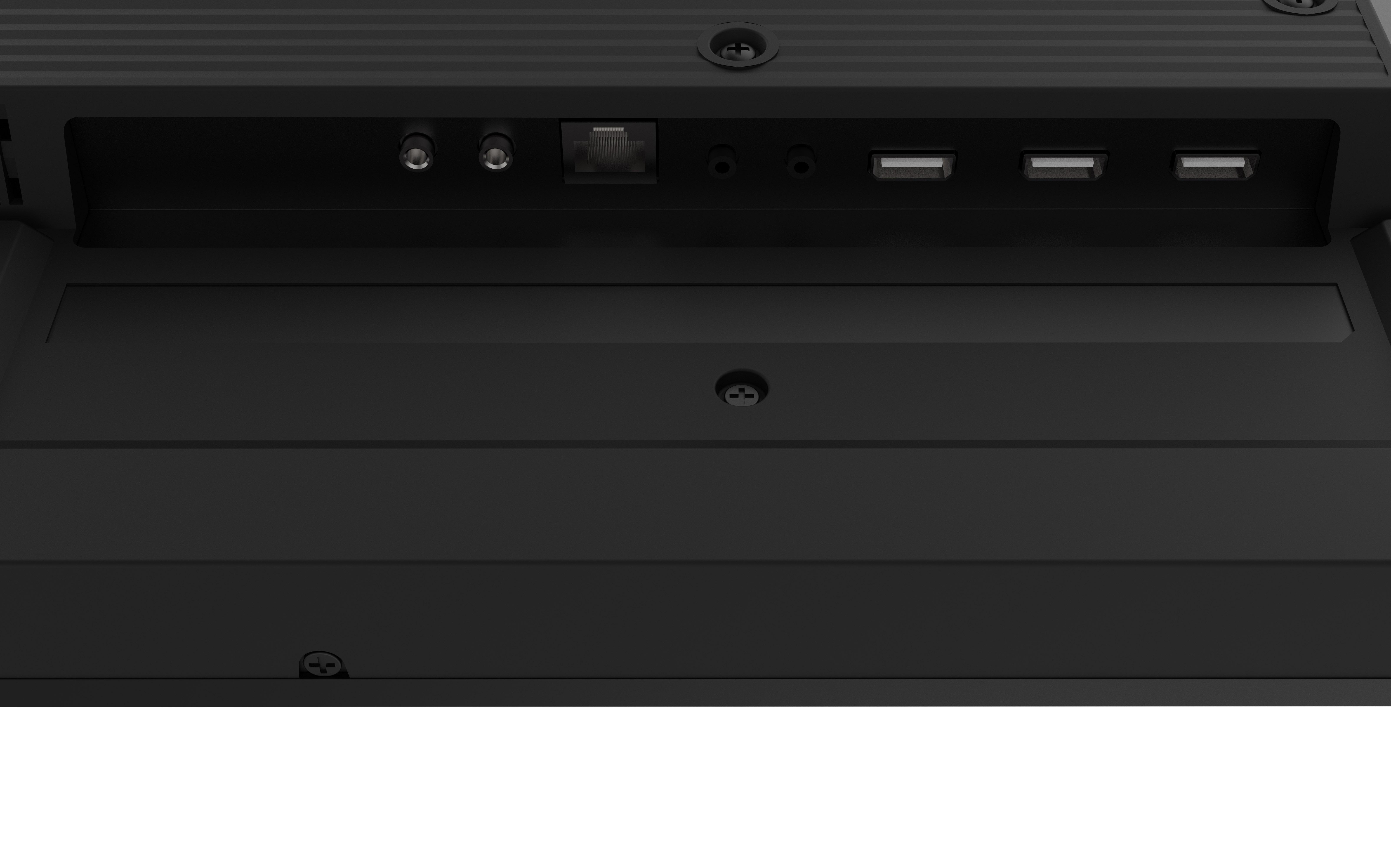 Nahaufnahme der Rückseite eines schwarzen Geräts. Es verfügt über Anschlüsse, einschließlich USB, Ethernet und andere.
