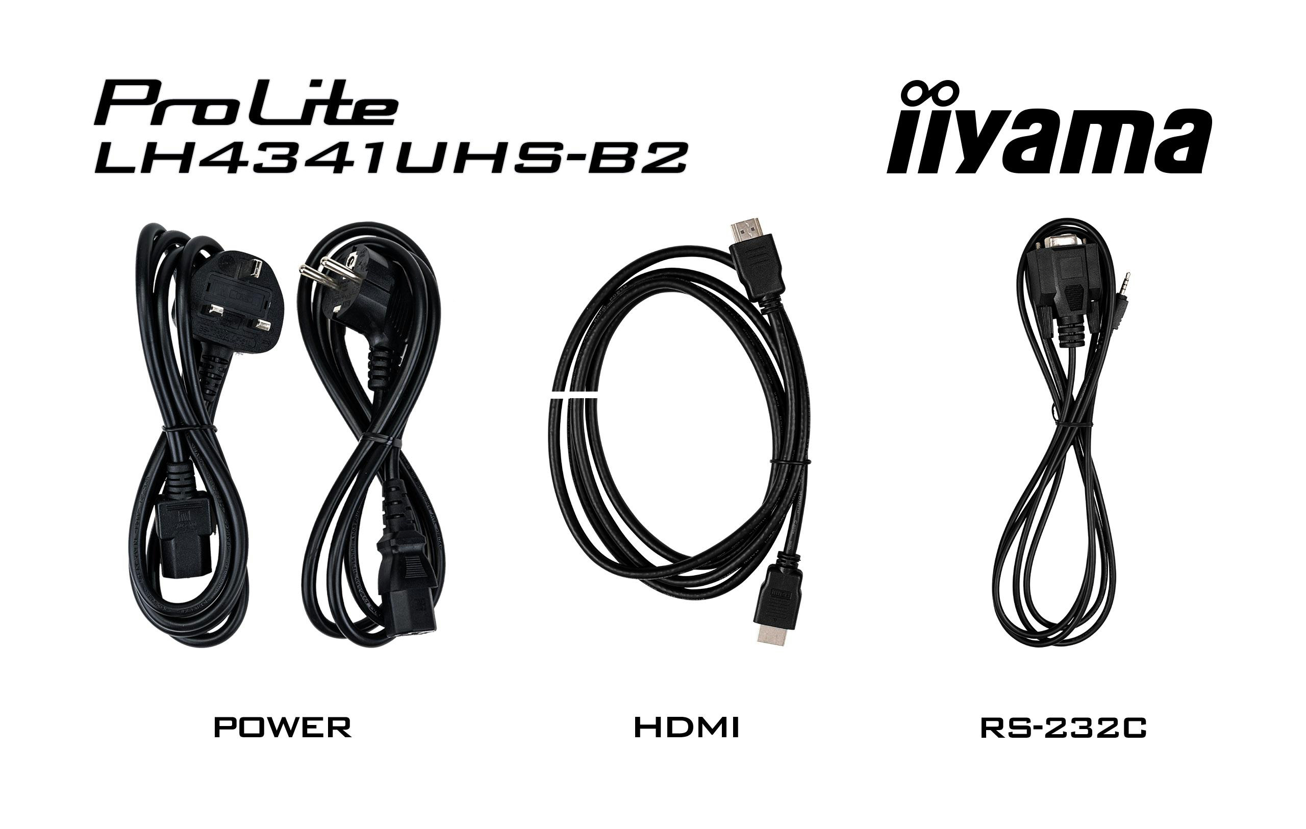 Das Bild zeigt Strom-, HDMI- und RS-232C-Kabel. Marken sind ProLite und iiyama. Kabel sind schwarz auf weißem Grund.