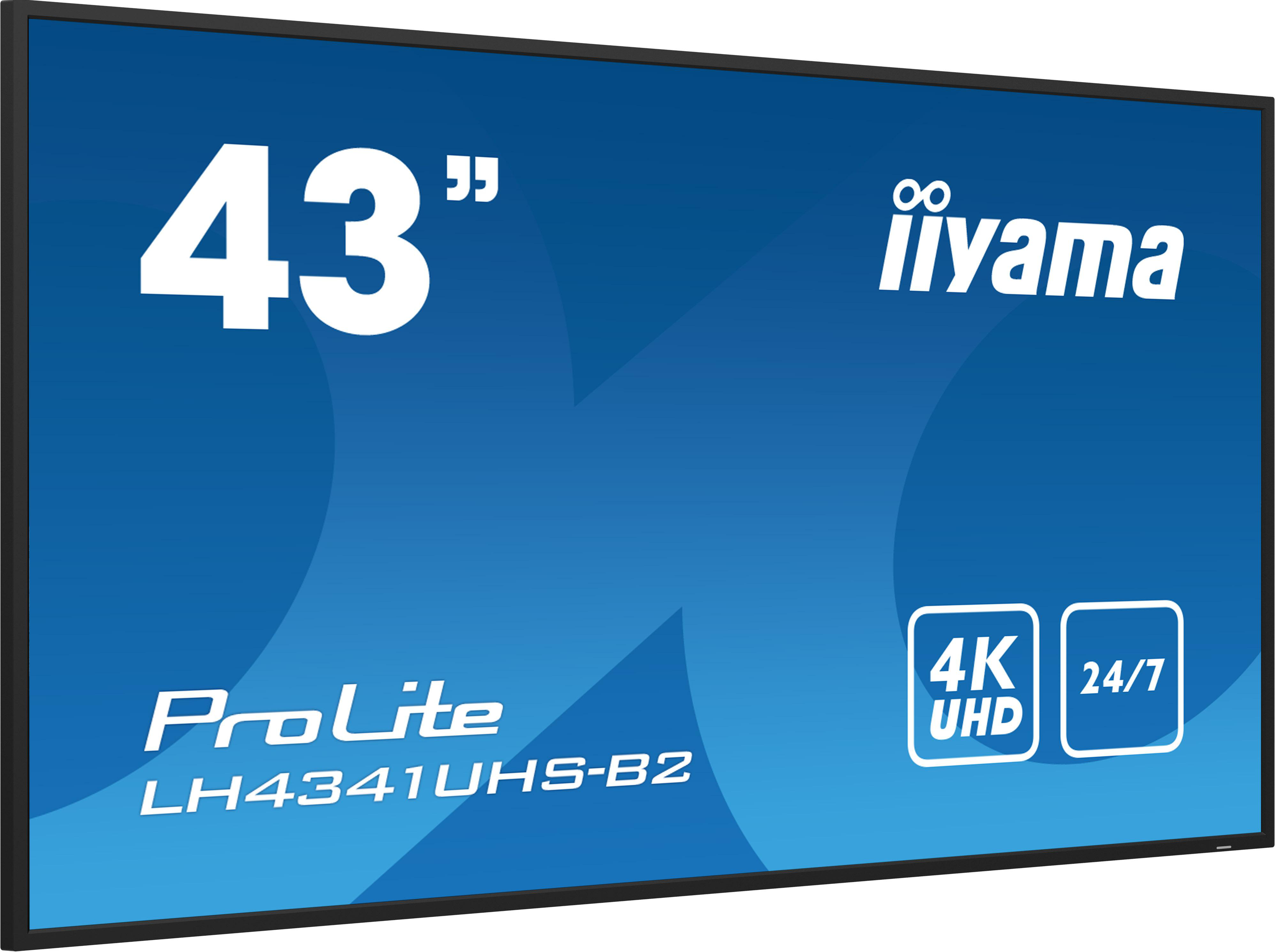 Ein 43" iiyama ProLite Display. Merkmale sind 4K UHD und 24/7 Betrieb. Es ist das Modell LH4341UHS-B2.