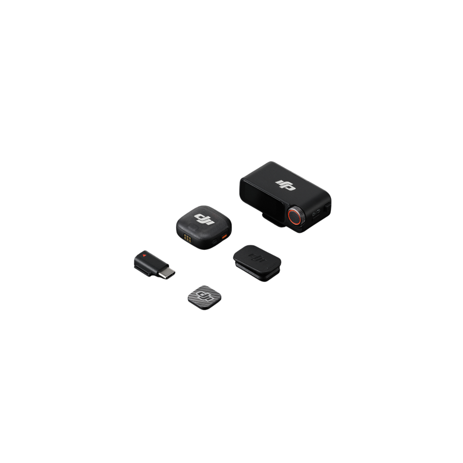 Several black DJI electronic devices on a black background. Includes a receiver, transmitter, and adapters.