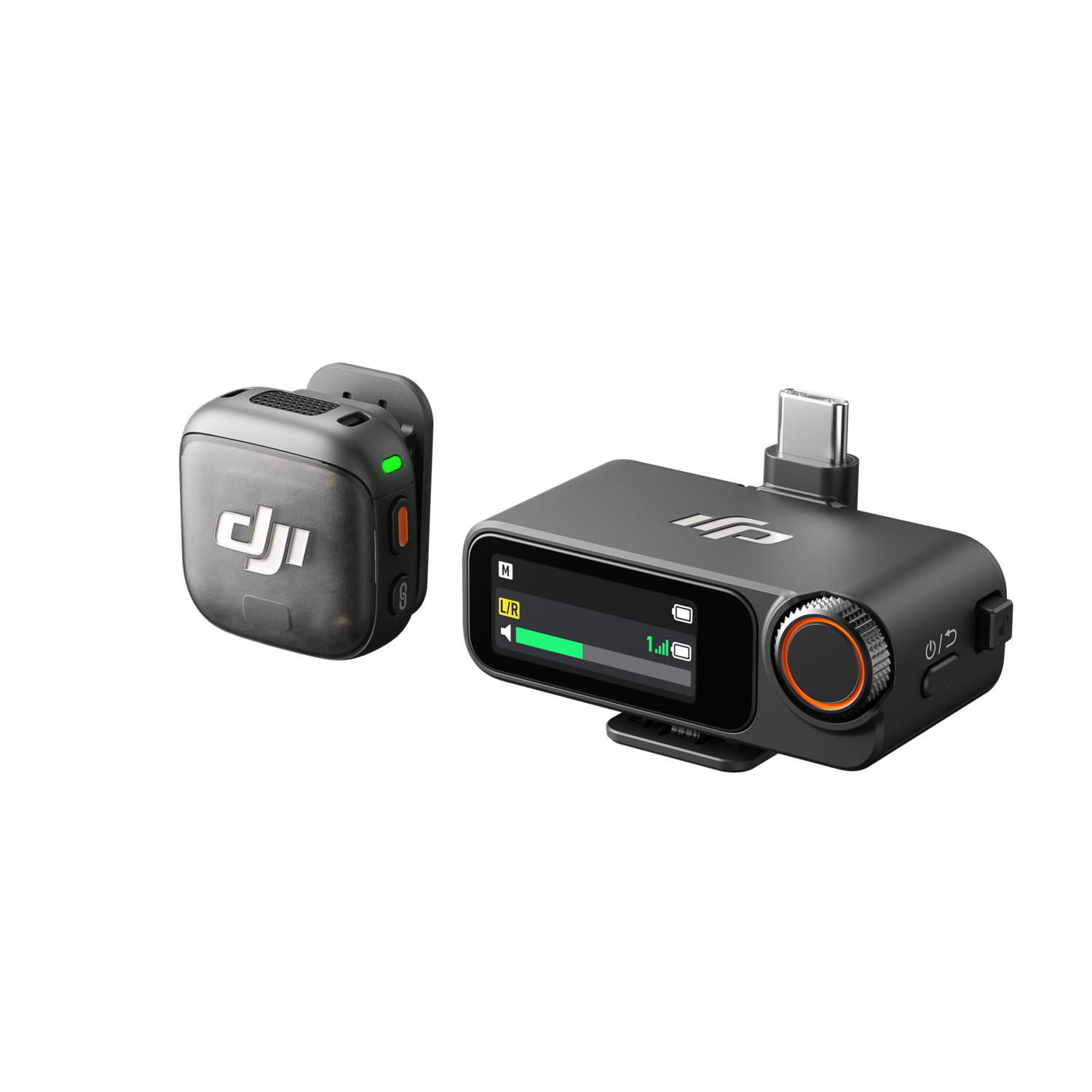 Two black DJI audio transmitters. One small, with a green light, and one larger with a screen and orange dial, both on a black background.