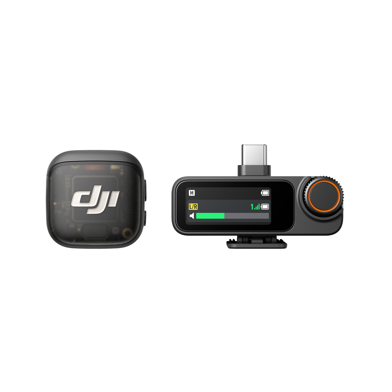 Two black DJI audio devices on a black background. One is a receiver with a screen. The other is a transmitter.