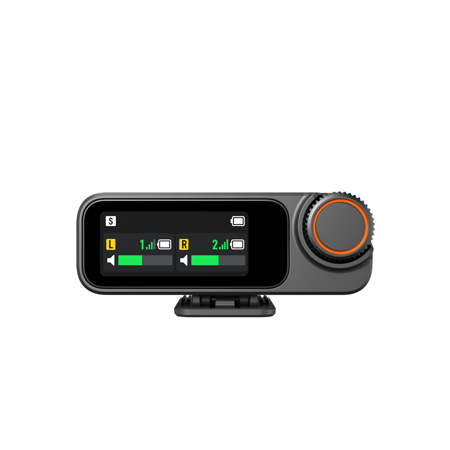 Een zwart apparaat met een scherm dat audioniveaus toont. Het heeft een draaiknop met een oranje ring en een kleine standaard. De achtergrond is zwart.