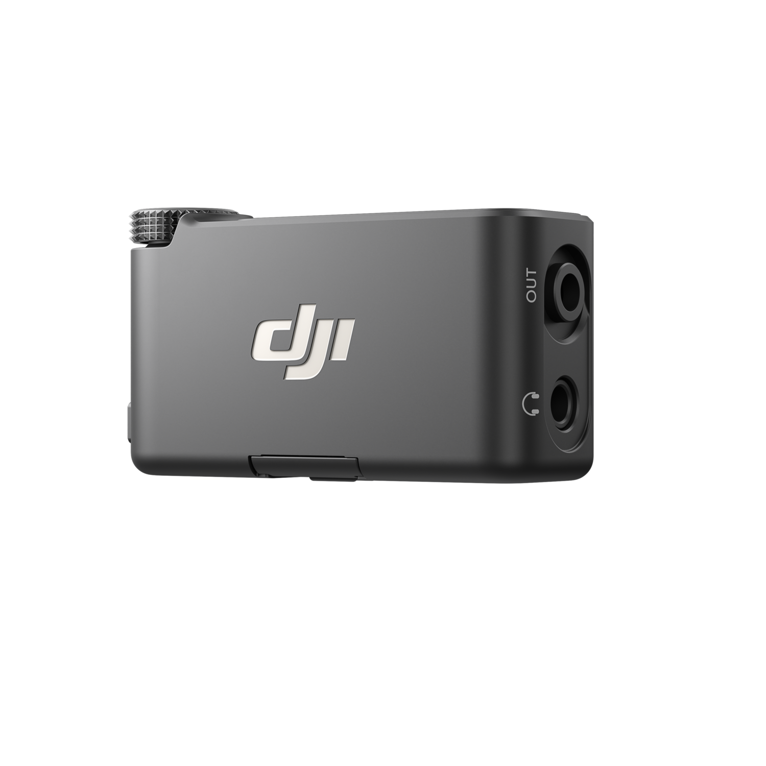 Een donkergrijze DJI audiozender met het DJI-logo. Het heeft een uitgangspoort met de tekst 'OUT' en een koptelefoonaansluiting.