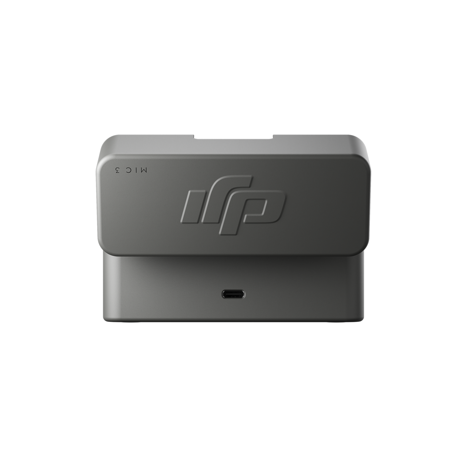 Een grijs rechthoekig apparaat met een deksel, met de tekst 'MIC 3'. Het heeft een logo en een USB-C-poort. De achtergrond is zwart.