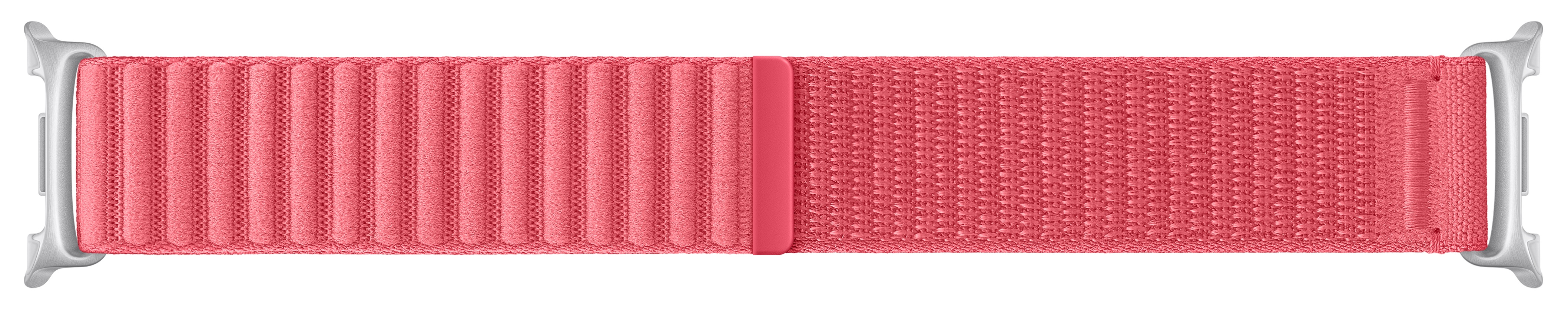 Koralowy pasek do Apple Watch. Ma teksturowany wzór tkany i srebrne złącza.