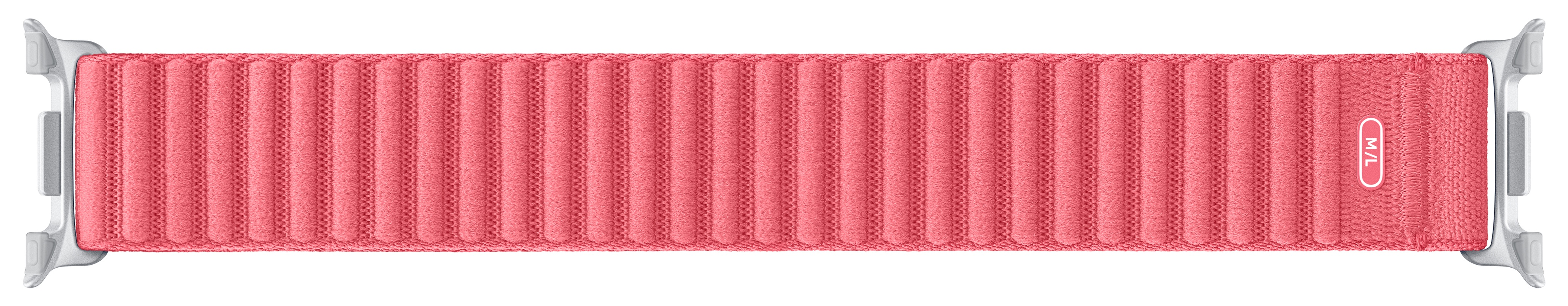 Różowy pasek do Apple Watch. Ma teksturowaną powierzchnię i metalowe zapięcia na każdym końcu. Tło jest białe.