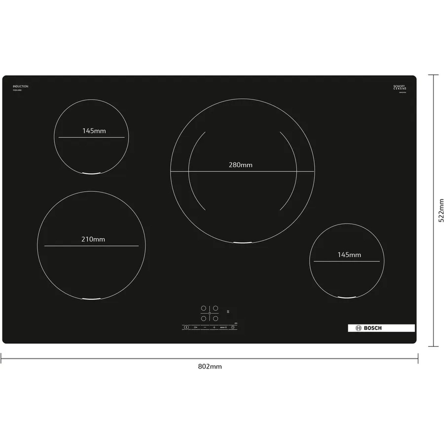 Zwarte inductiekookplaat met vier branders, met afmetingen. Bosch-logo zichtbaar. Afmetingen: 802x522 mm.