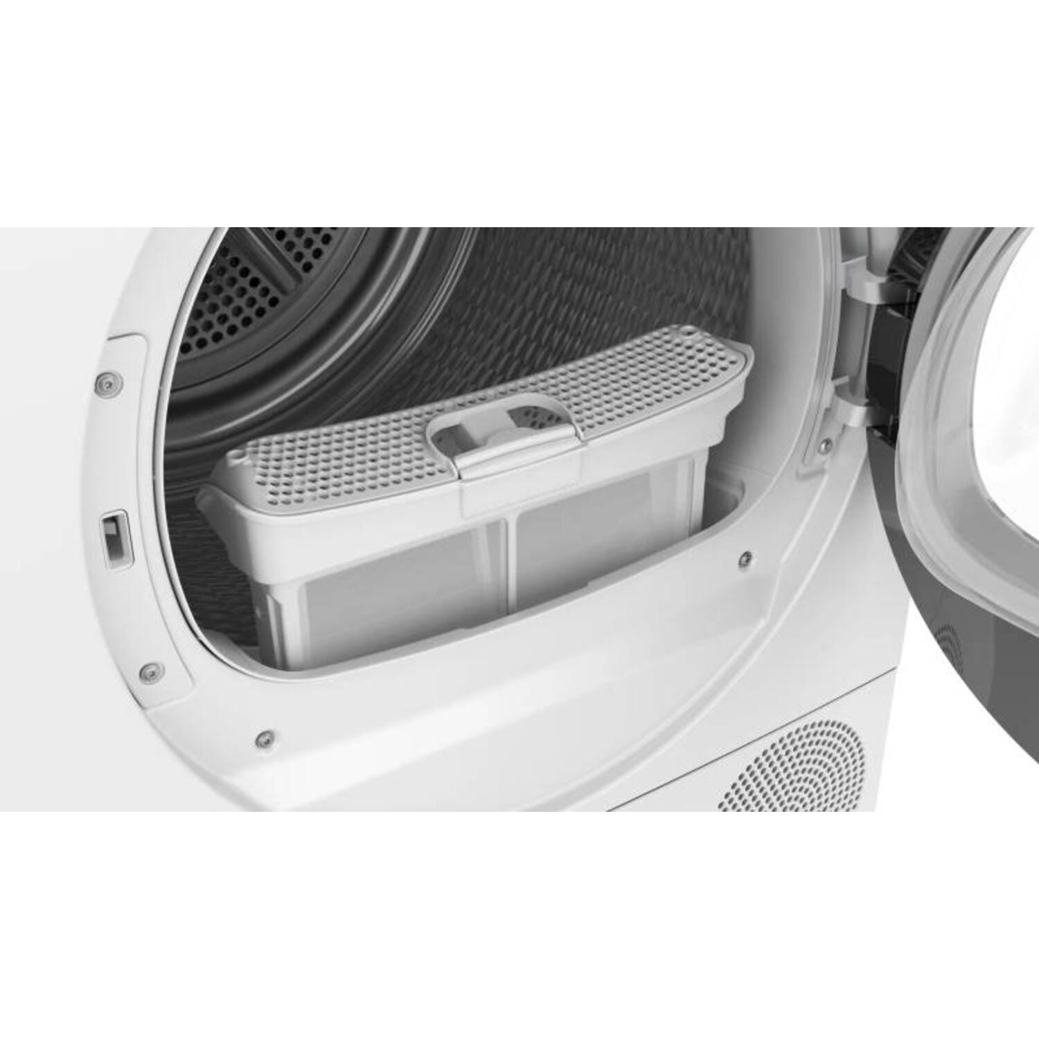 Une porte de sèche-linge est ouverte, révélant un filtre blanc. L'intérieur du tambour est visible. Le sèche-linge est blanc.