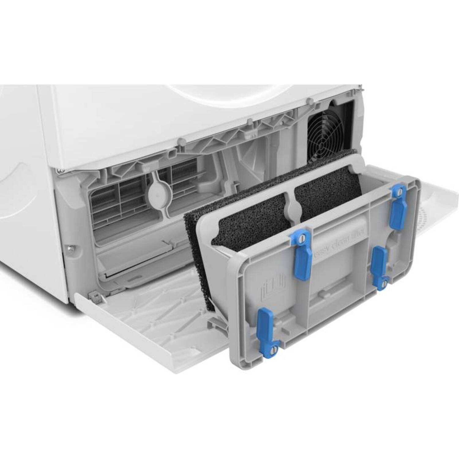 Intérieur d'une machine à laver blanche avec bac à filtre et ventilateur. Le filtre est noir avec un bac gris. Des clips bleus le fixent.