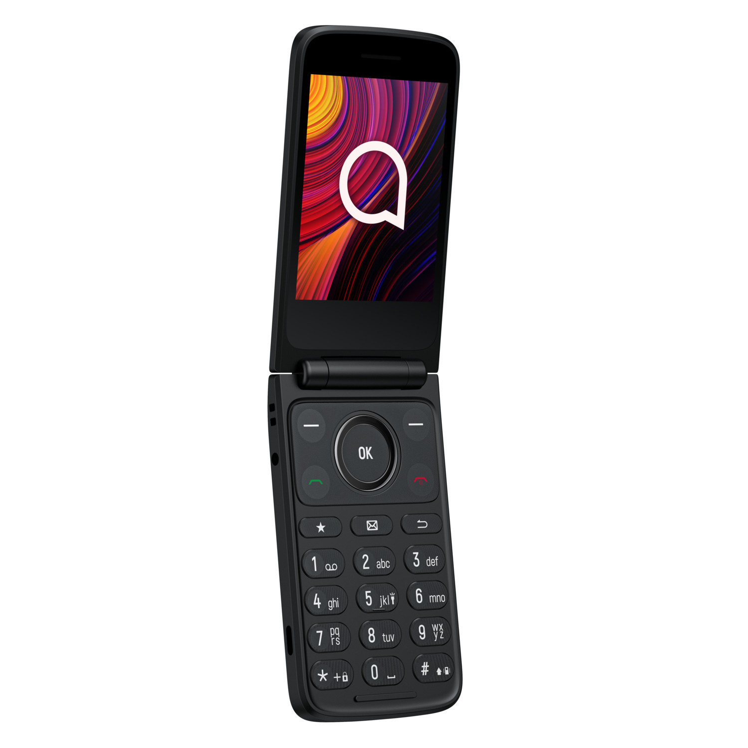 A black flip phone is open, showing a screen with a white logo on a colorful background. The keypad is visible.
