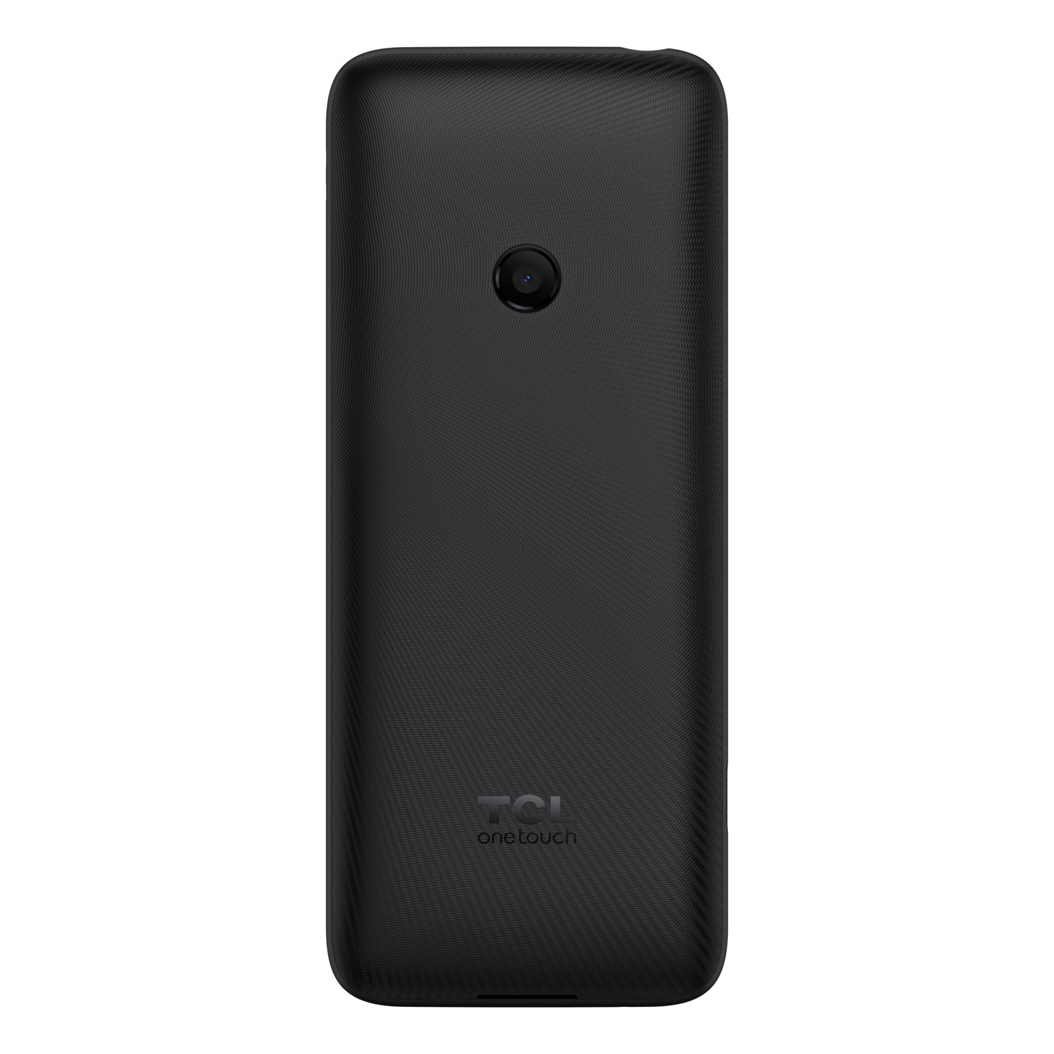 Zwarte TCL-telefoon achterkant. Heeft een camera, een getextureerd oppervlak en de woorden "TCL one touch".