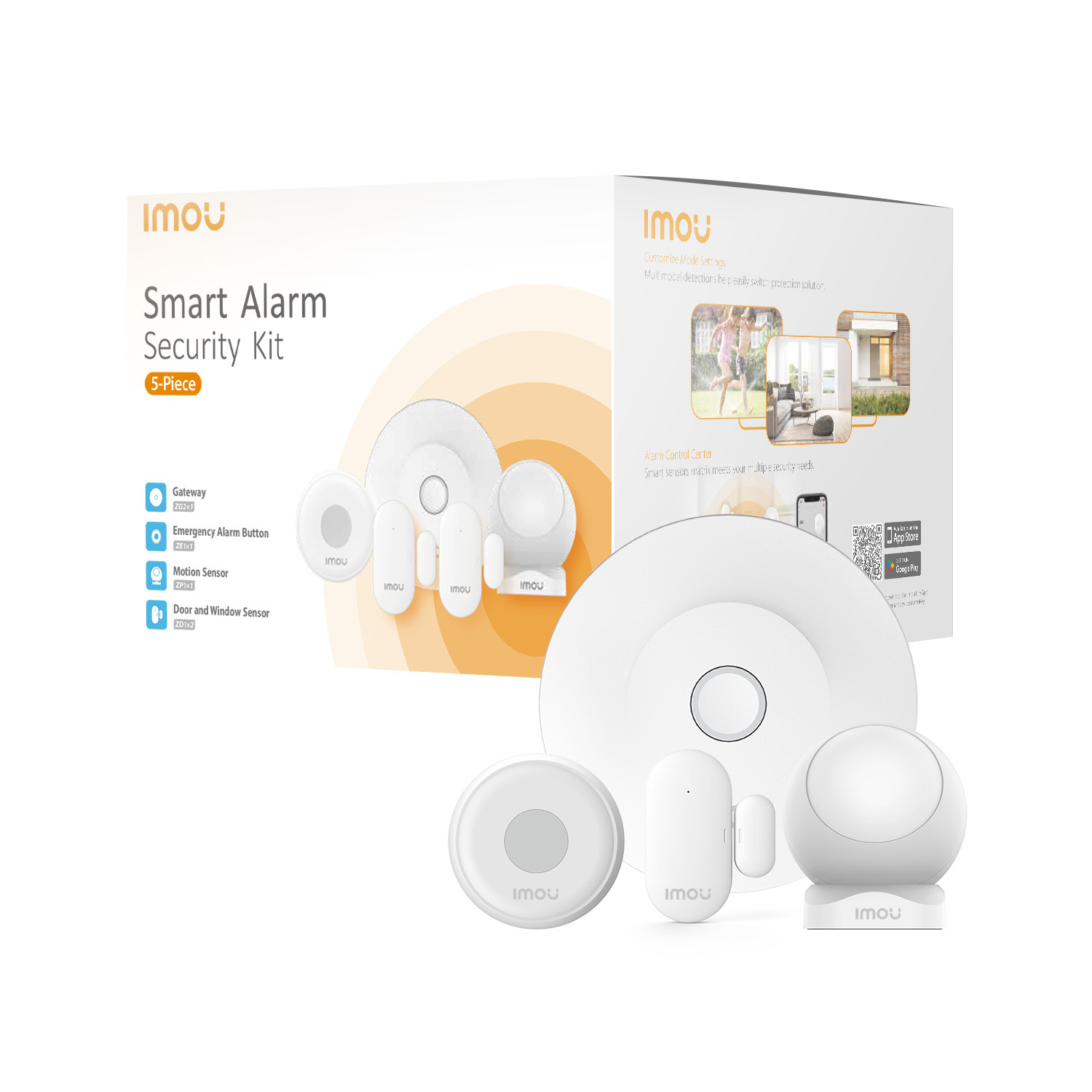 Imou Smart Alarm Security Kit 5-Piece. White security devices, including a hub, sensors, and a control panel, are displayed on a white background.