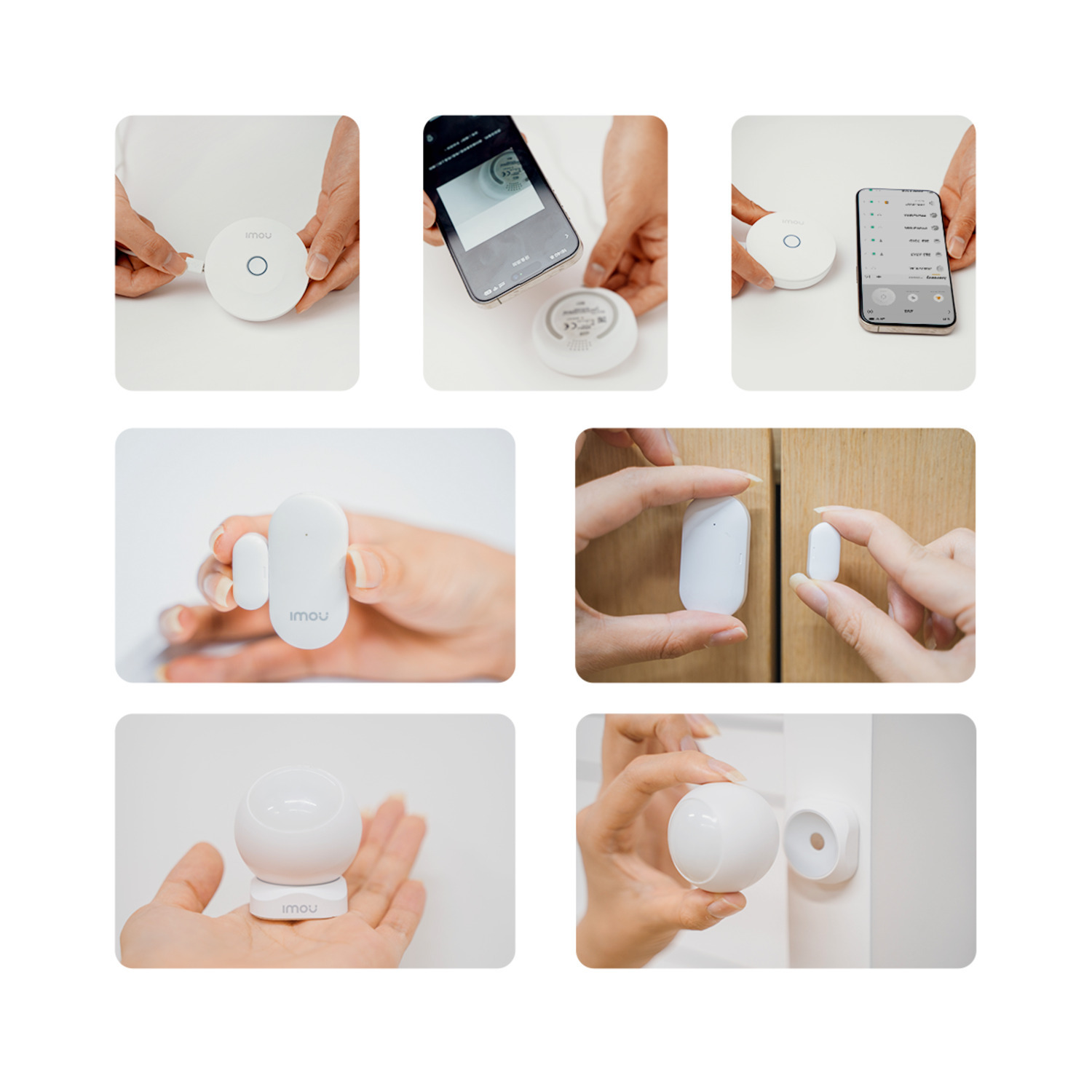 Various shots of IMOU smart home devices. Includes a hub, door sensors, and a camera held by hands. Some with phone screens.