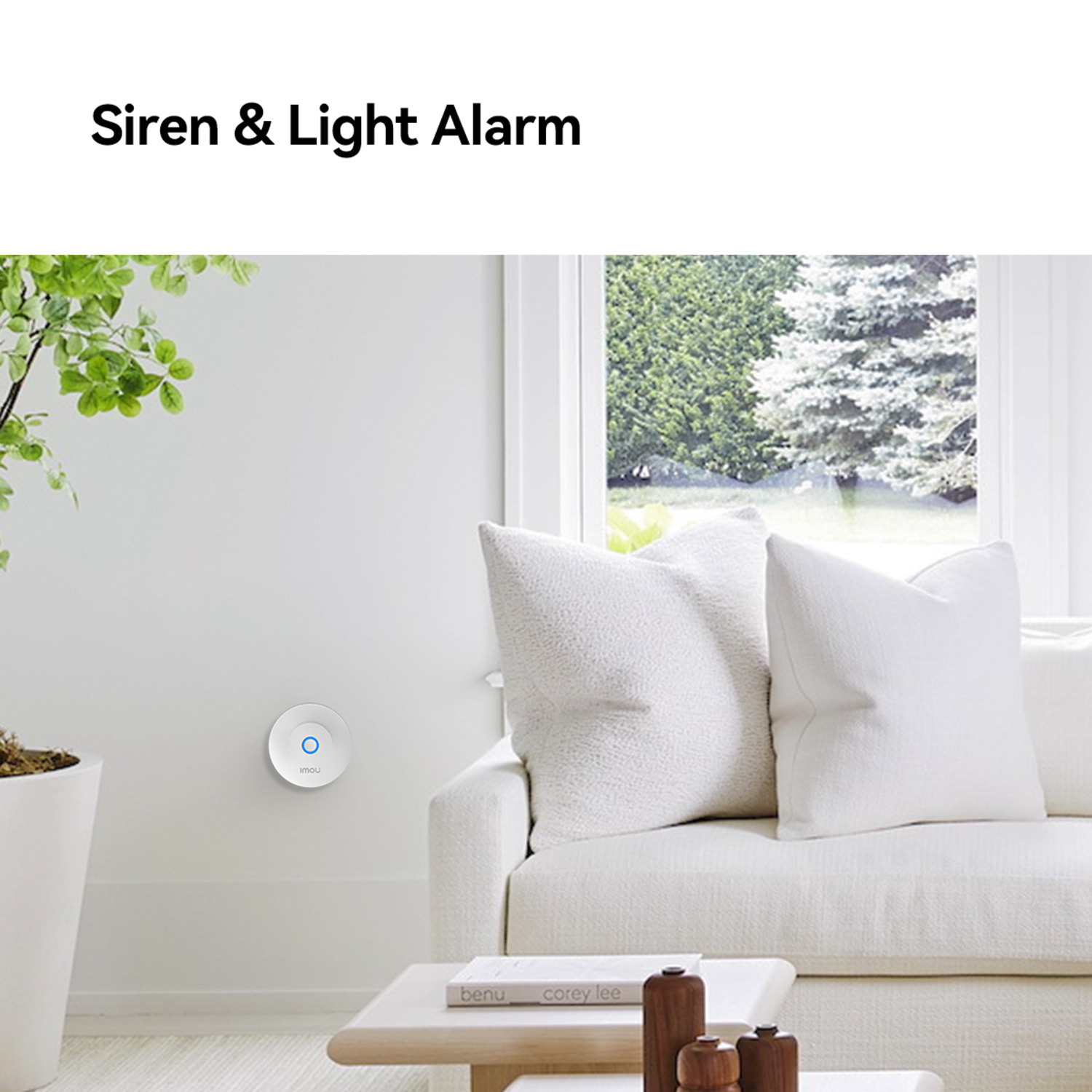 White wall with a security device, sofa with white pillows, a coffee table with decorative items, and a window with greenery.