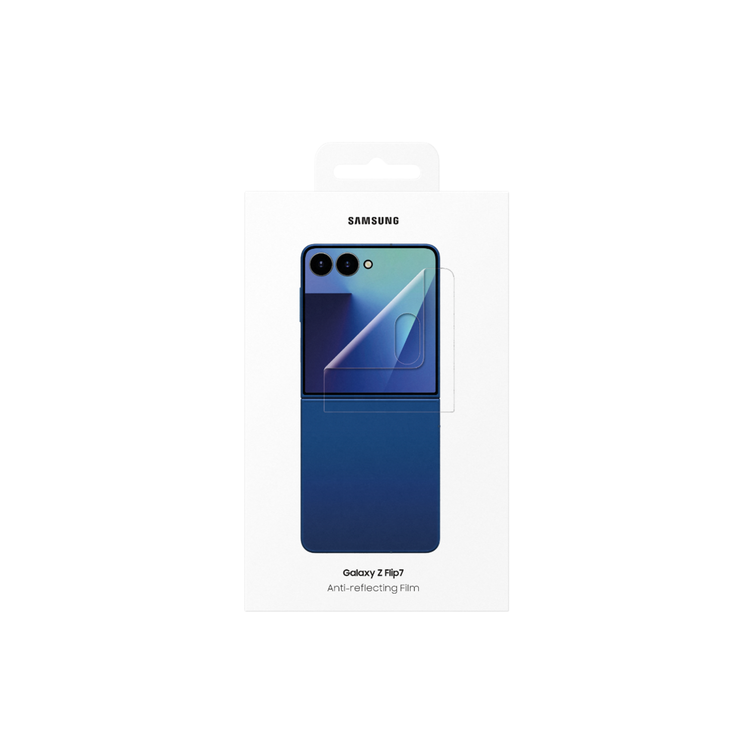 Een Samsung Galaxy Z Flip7 anti-reflecterende filmdoos. De telefoonillustratie is blauw, met een schermbeschermer aangebracht. De doos is wit.