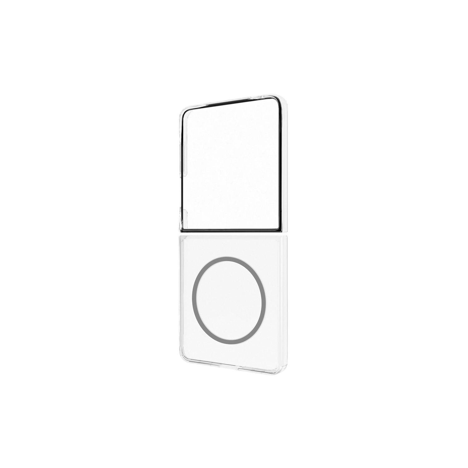Een wit rechthoekig apparaat met een cirkelvormige knop staat centraal tegen een zwarte achtergrond. Het apparaat lijkt in een doorzichtige hoes te zitten.