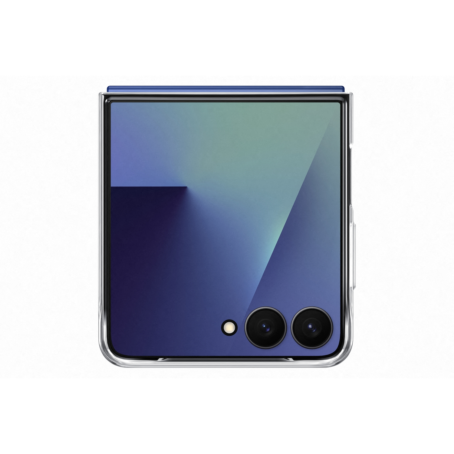 Een opgevouwen smartphone met een blauw-paars scherm. Het heeft een doorzichtige hoes. Zichtbaar zijn twee cameralenzen en een licht.