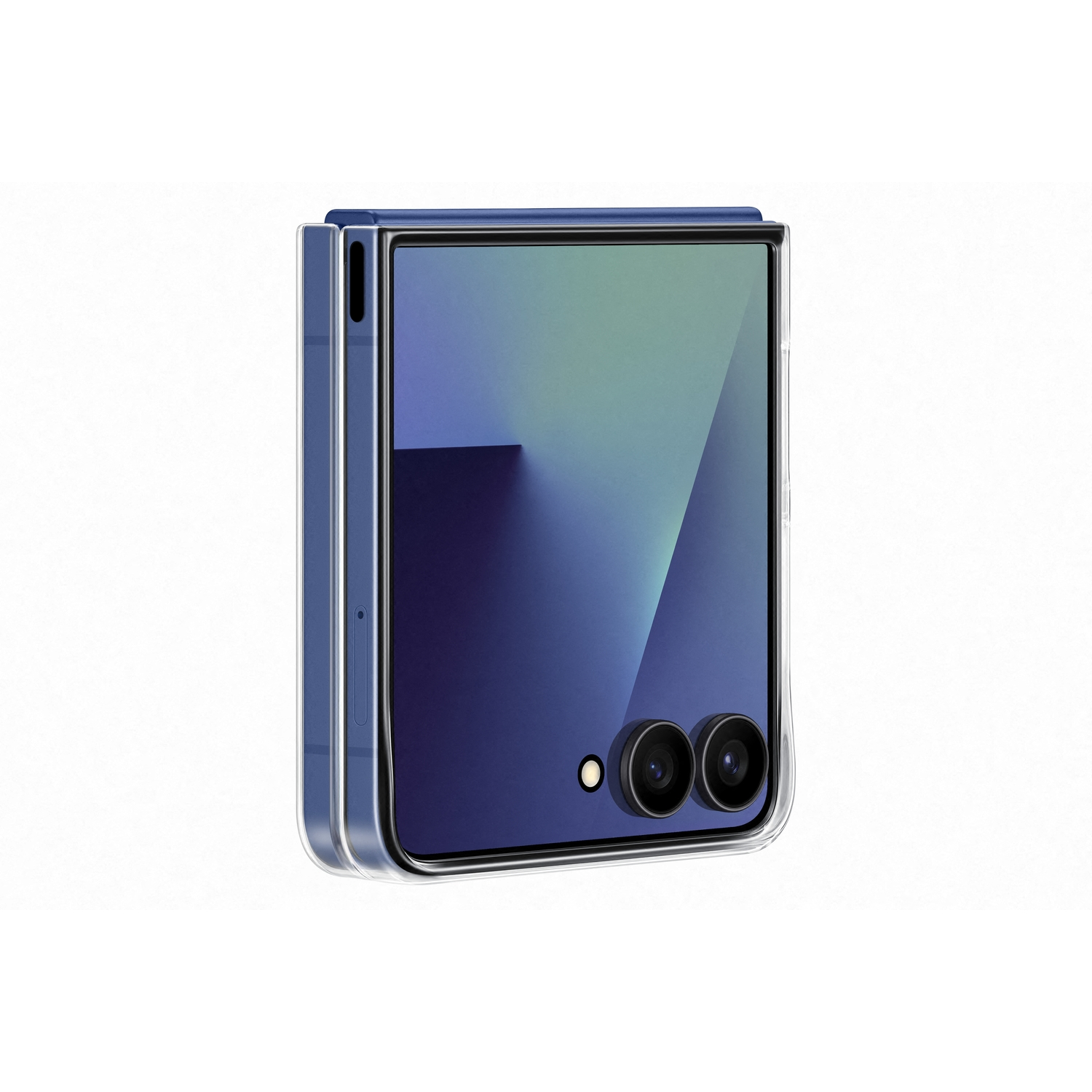 Een blauwe opvouwbare smartphone in een transparante hoes. Het scherm staat aan en toont een kleurengradiënt. Twee camera's zijn zichtbaar.