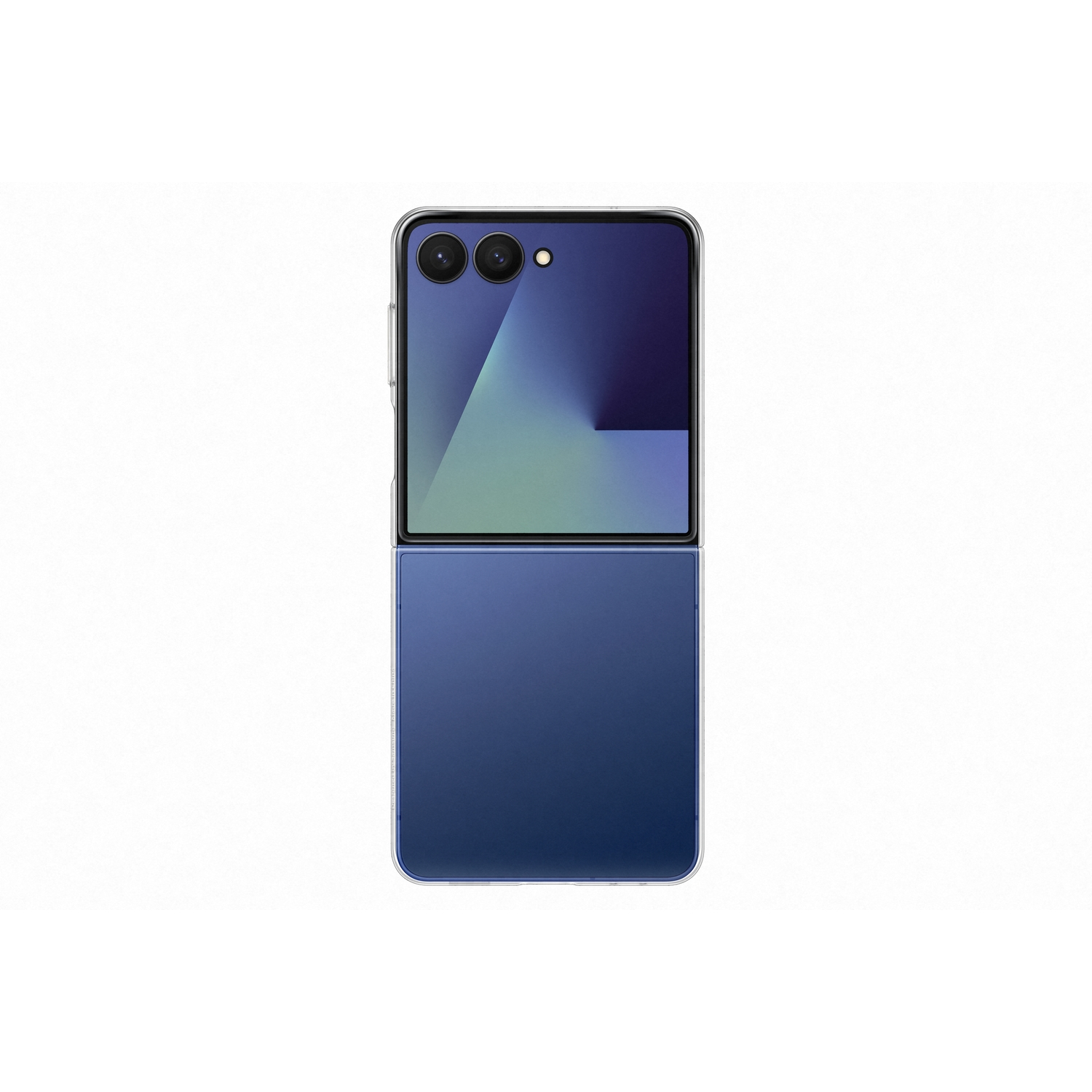 Een blauwe opvouwbare smartphone, gedeeltelijk open. Bovenste gedeelte heeft camera's. Het onderste gedeelte is opengevouwen. Witte achtergrond.