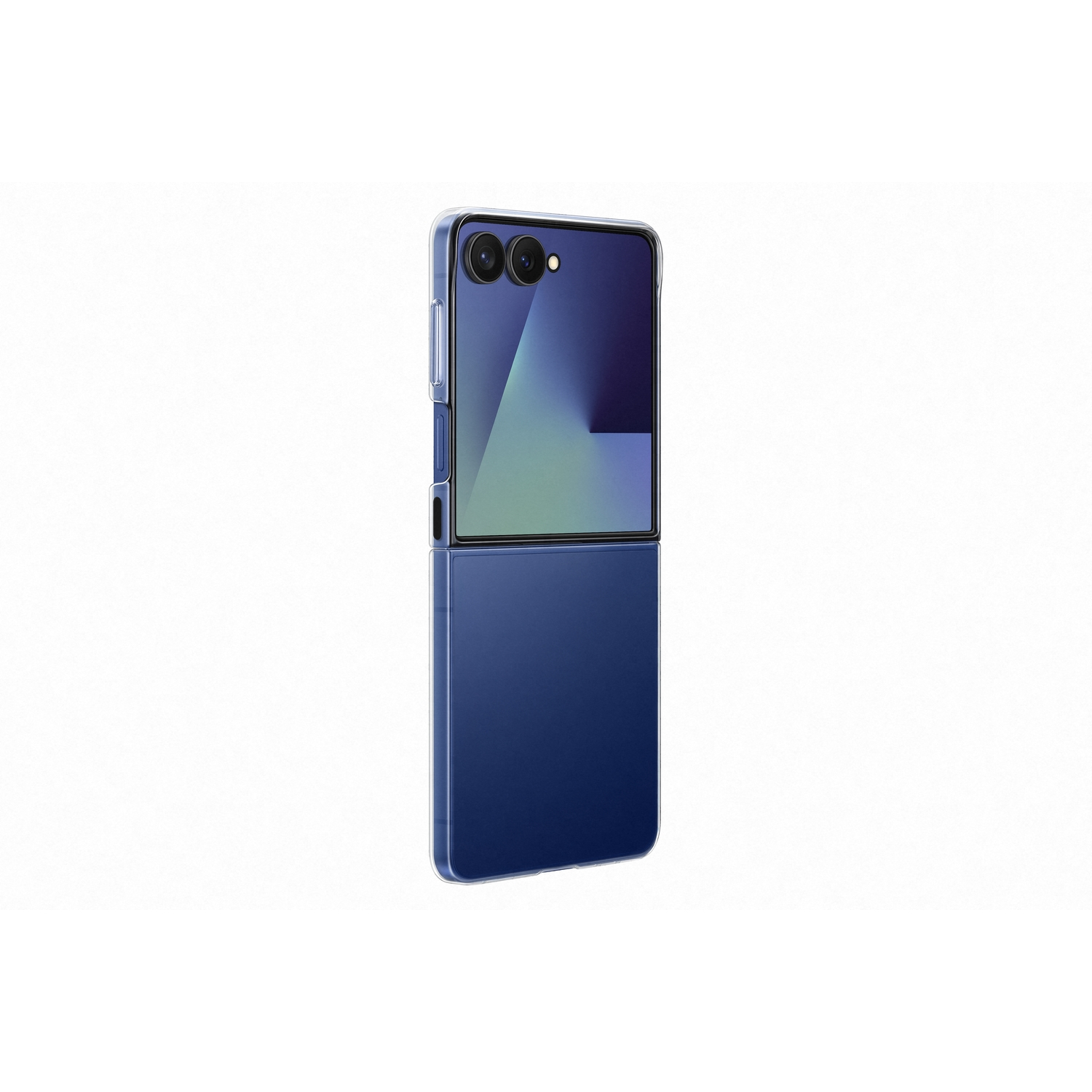 Een marineblauwe opvouwbare smartphone met een doorzichtige hoes. De telefoon is gedeeltelijk open en toont het scherm en de cameralenzen.