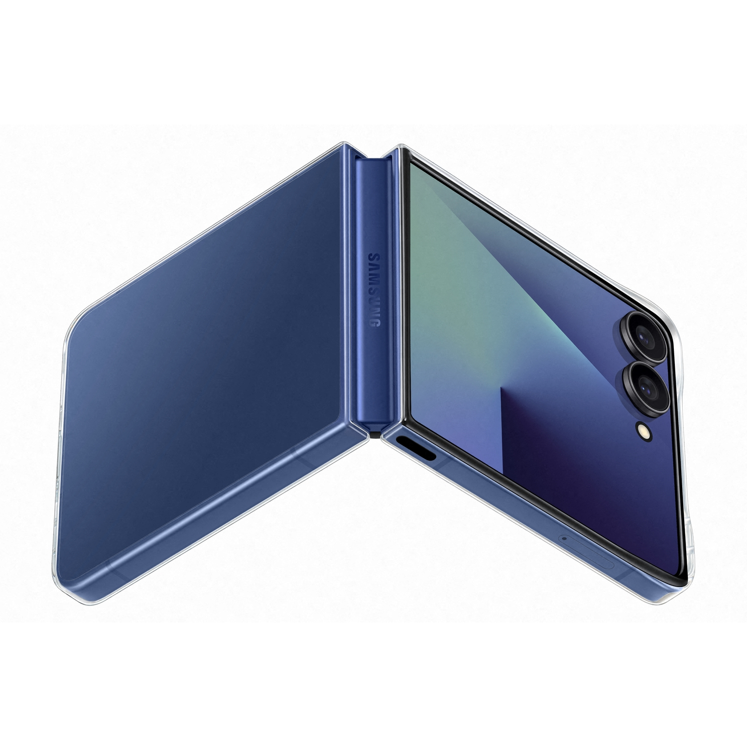Een blauwe opvouwbare Samsung-telefoon is open en toont het scherm. Het scharnier met het Samsung-logo is zichtbaar.