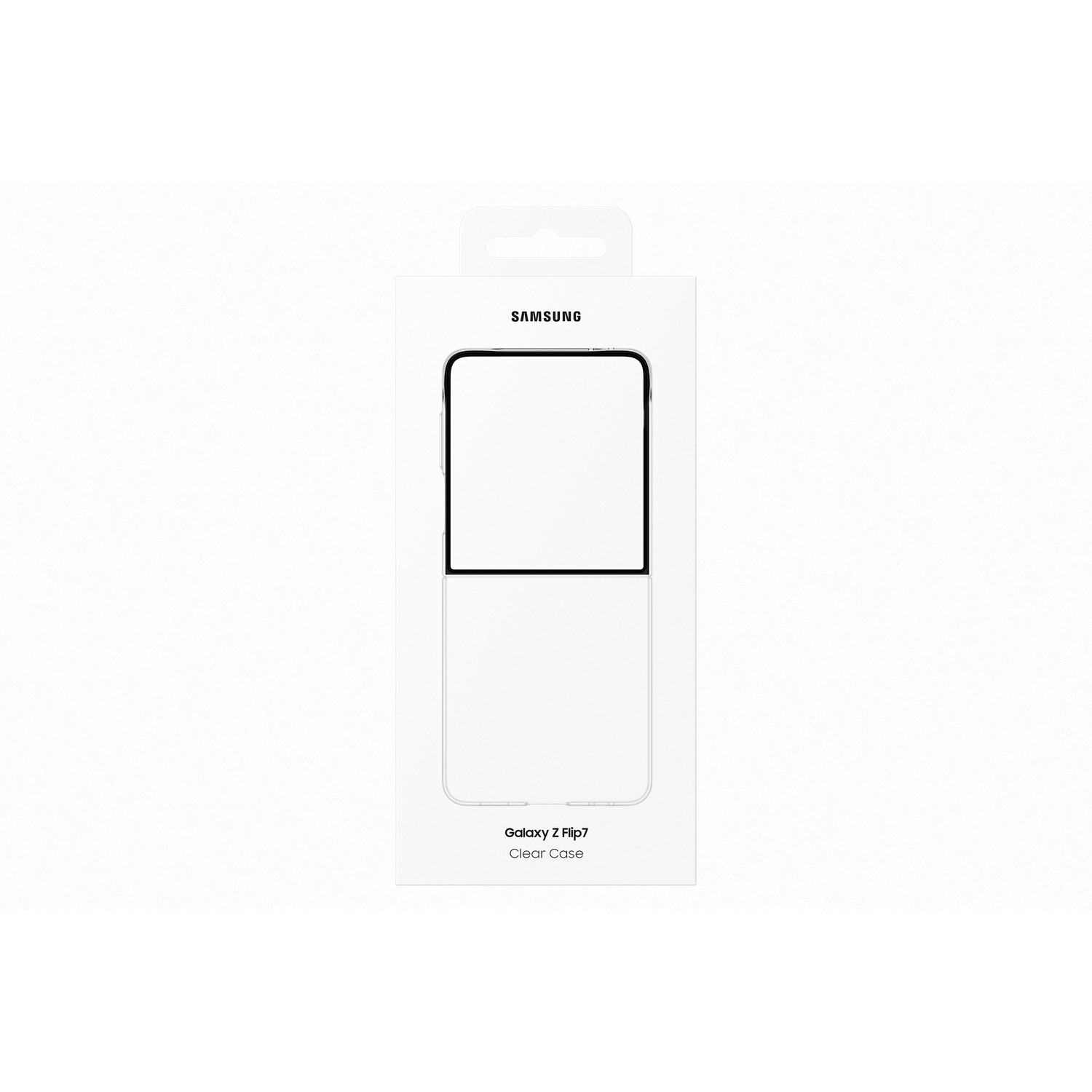 Witte doos met een doorzichtige Samsung Galaxy Z Flip7 case. Het Samsung-logo staat bovenaan, de productnaam onderaan.