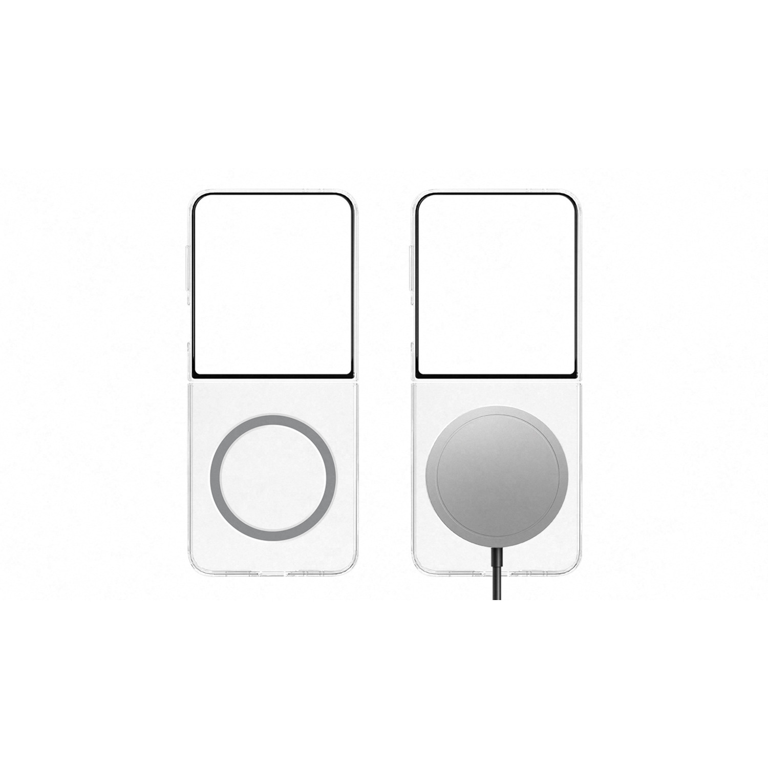 Twee witte telefoonhoesjes. Eén heeft een cirkel. De andere heeft een zilveren oplaadpad met een zwarte kabel.