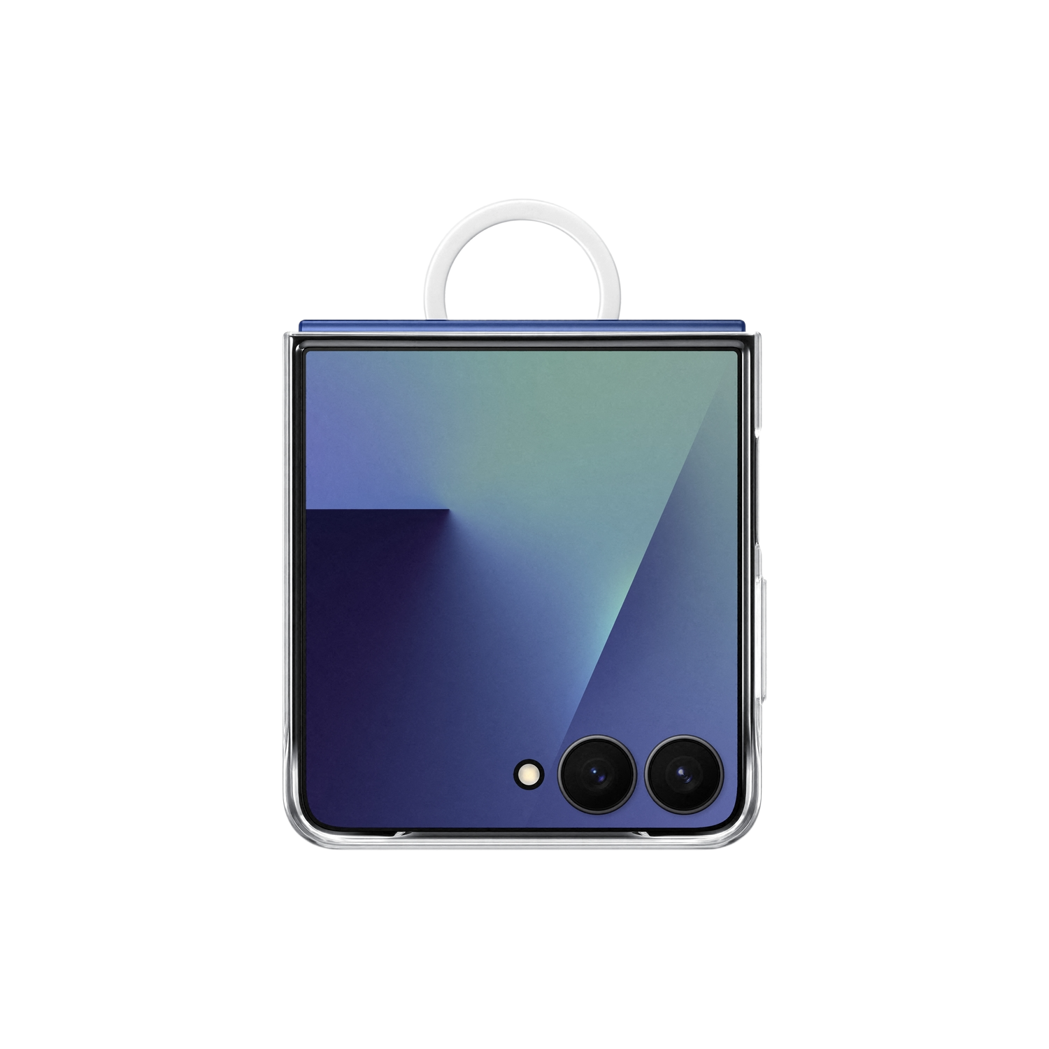 Een opvouwbare telefoon met een witte lusgreep. Het heeft een scherm met een blauw-groene gradiënt. Dubbele camera's zijn zichtbaar.
