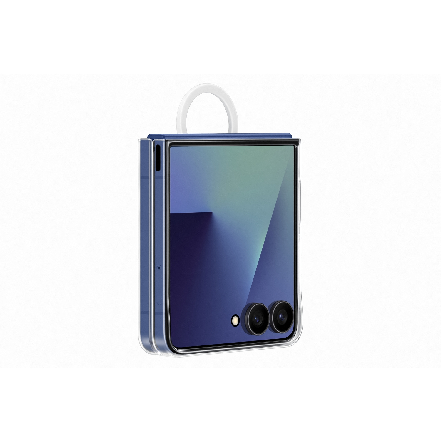 Een opgevouwen blauwe smartphone met een doorzichtige hoes, witte lus bovenop. Het scherm toont een blauw-groene gradiënt.