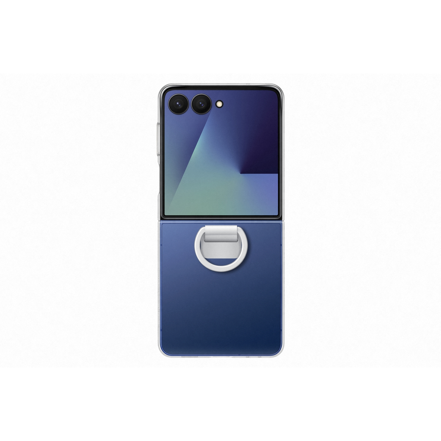 Een blauwe opvouwbare smartphone, gedeeltelijk open, met het scherm en cameralenzen. Een witte lus is aan de onderkant bevestigd.