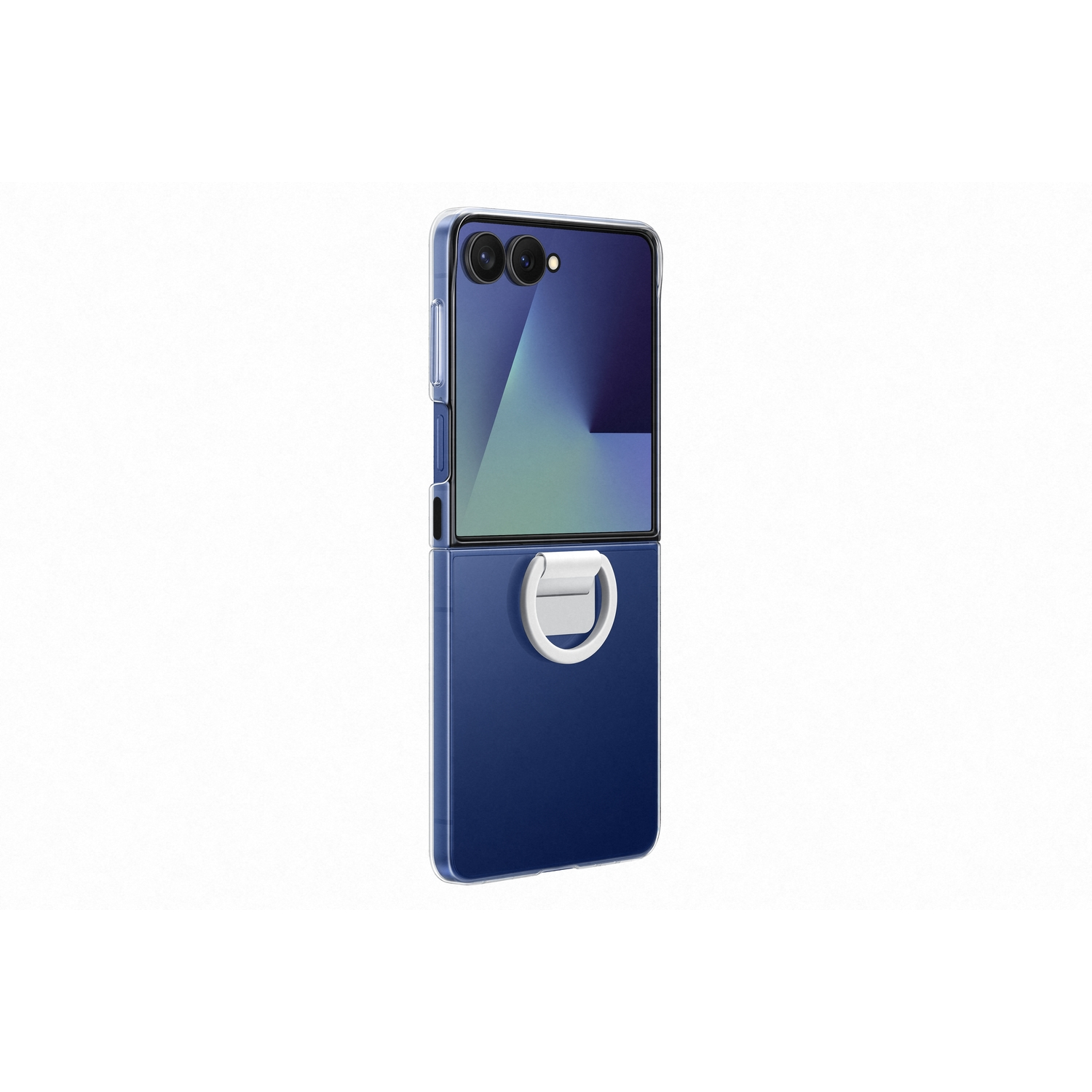 Een blauwe telefoon met hoes. De telefoon is gedeeltelijk open en toont een scherm. Een witte ring is aan de onderkant bevestigd.