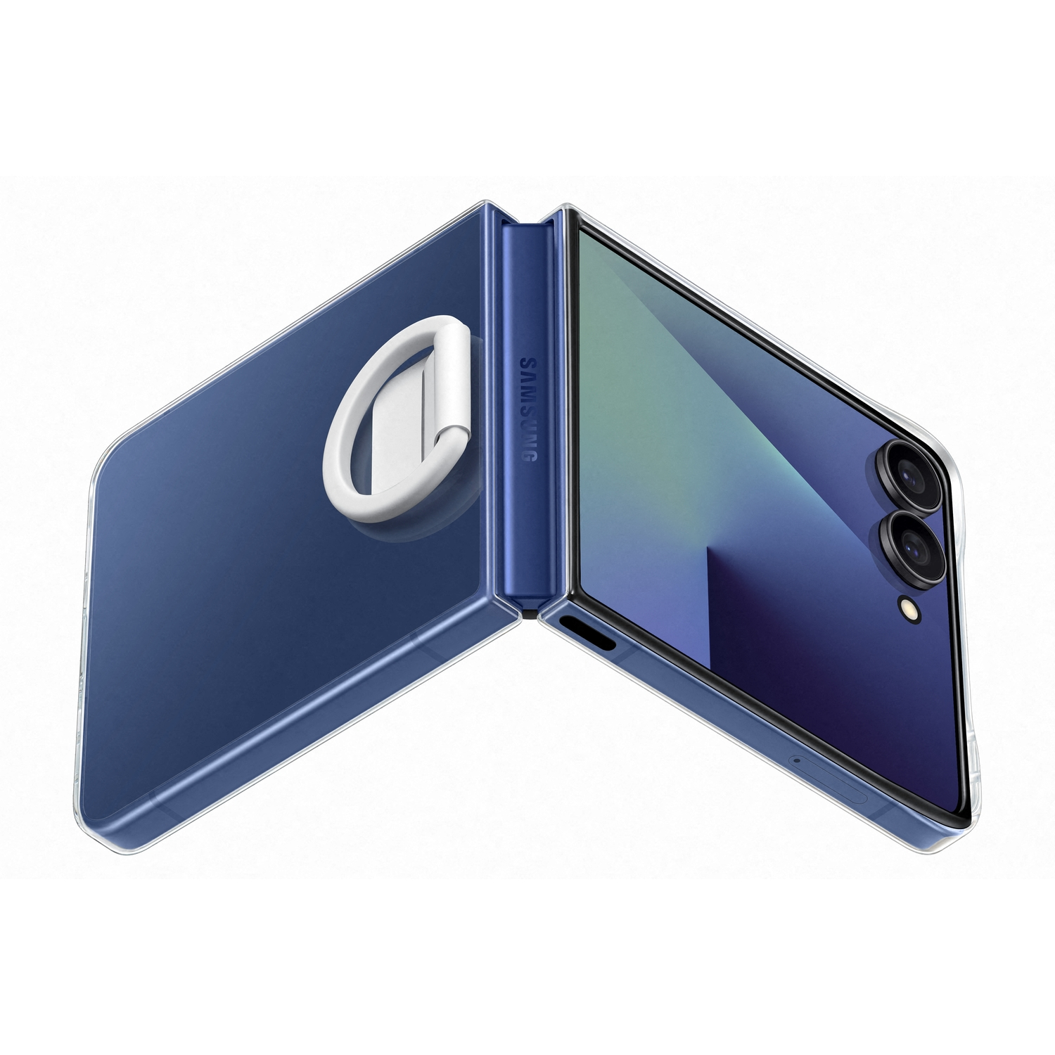 Een blauwe opvouwbare Samsung-telefoon is open te zien, met een doorzichtige hoes en een witte ringgreep bevestigd. De achtergrond is wit.