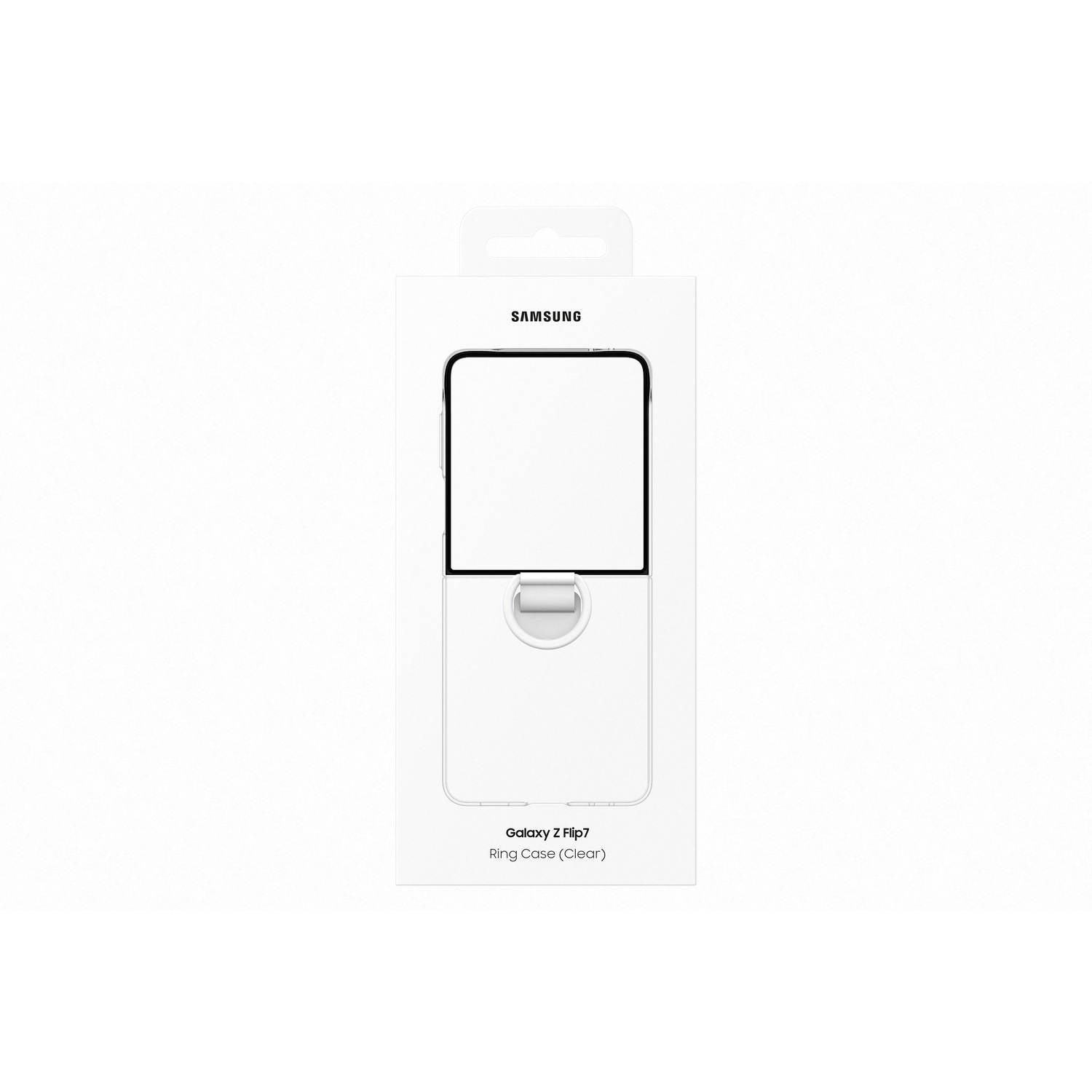 Een doorzichtige Samsung Galaxy Z Flip7 Ring Case wordt getoond in de verpakking. De verpakking is wit met zwarte tekst en een Samsung-logo.