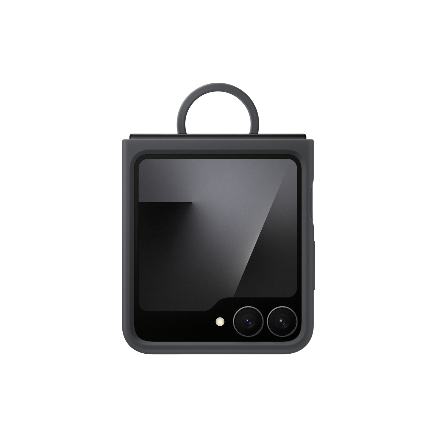 A dark gray phone case with a loop handle is centered against a black background. The phone has two camera lenses.