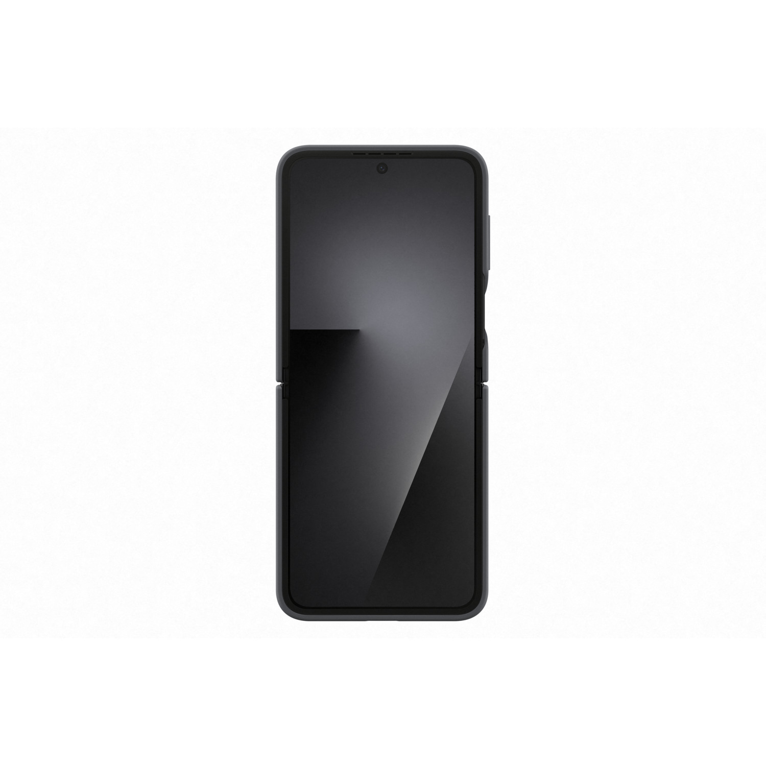 A black foldable smartphone is displayed against a white background, partially open. The screen is dark, reflecting light.