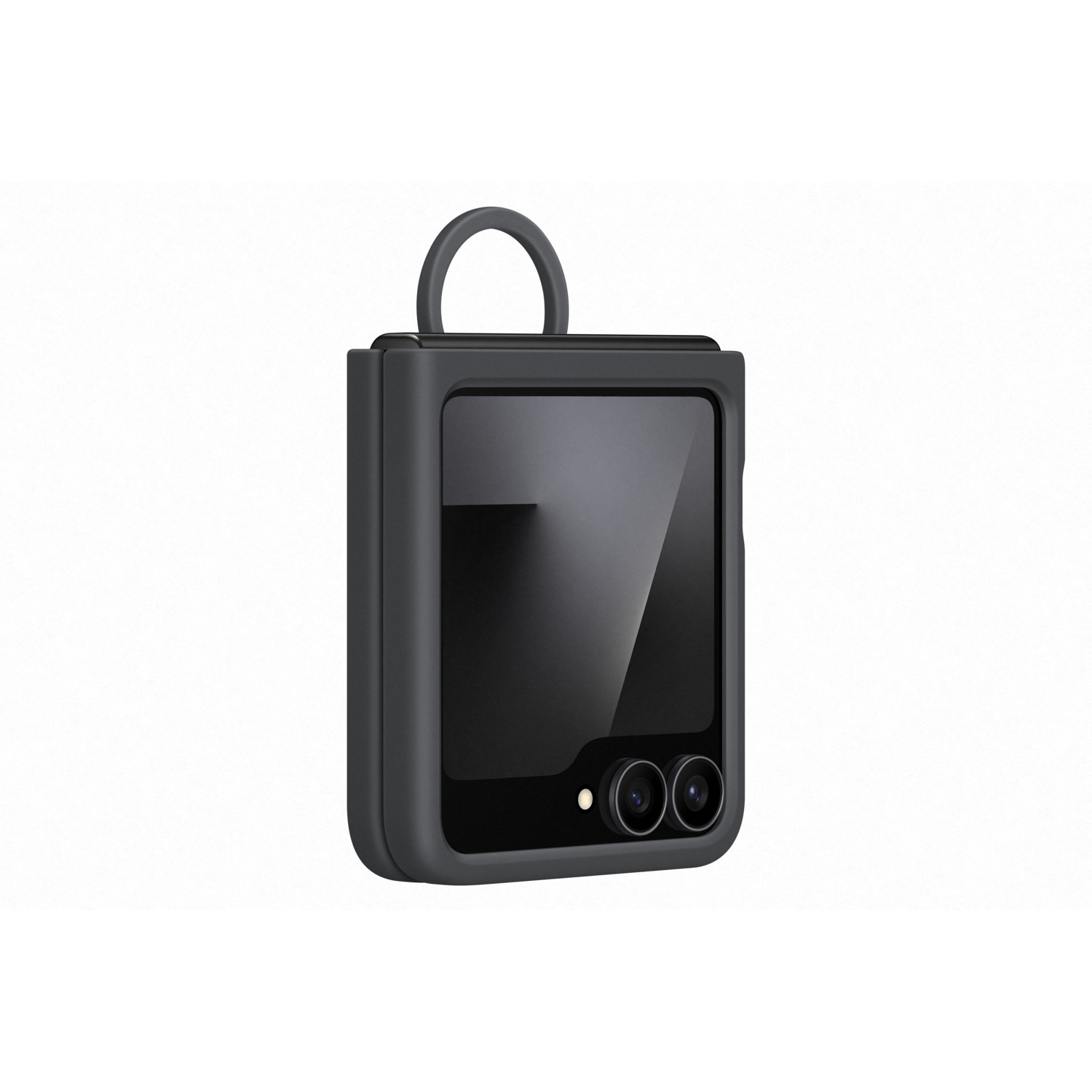 A closed, dark gray foldable phone with a loop, on a white background. It has two cameras and a flash on the back.