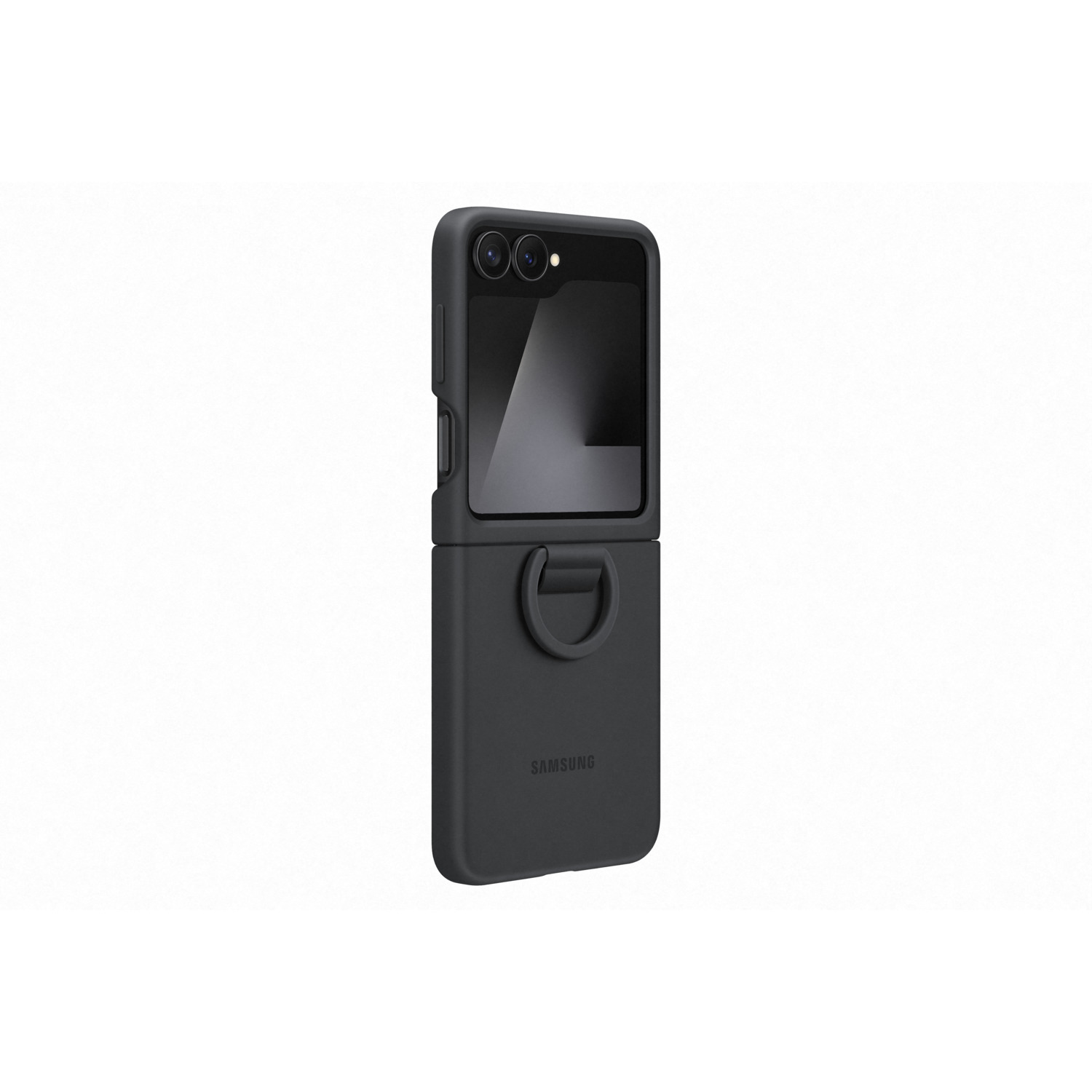 A dark gray Samsung phone case, open. It has a ring grip and the Samsung logo. The background is white.