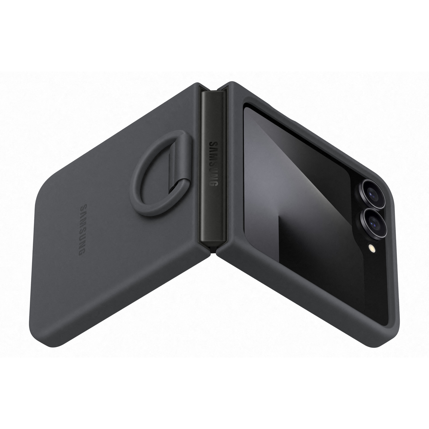 A dark gray Samsung phone case, open, revealing the phone's screen and cameras. A ring grip is on the left side.