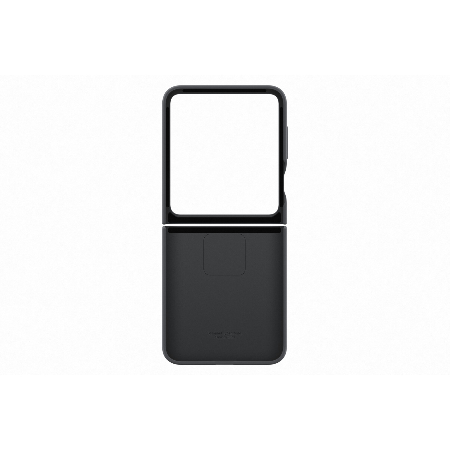 A black, folded phone case. The top part is open, revealing white. The bottom has a camera cutout and text: Designed by Samsung.