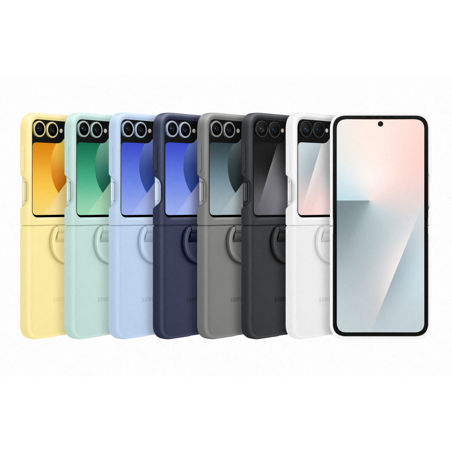 Seven Samsung phones in different colors, with matching phone cases arranged in a row. The last phone is open, showing its screen.