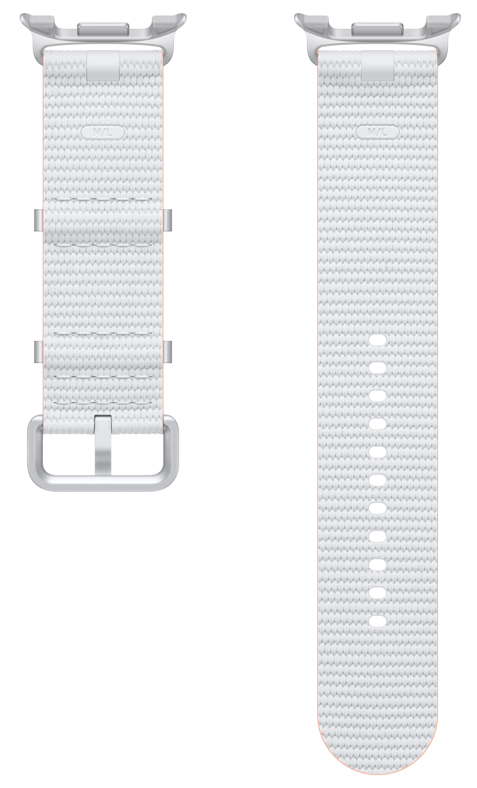 Biały pasek do zegarka ze srebrną klamrą i mocowaniami. Pasek ma teksturowaną powierzchnię i jasnoróżową obwódkę.
