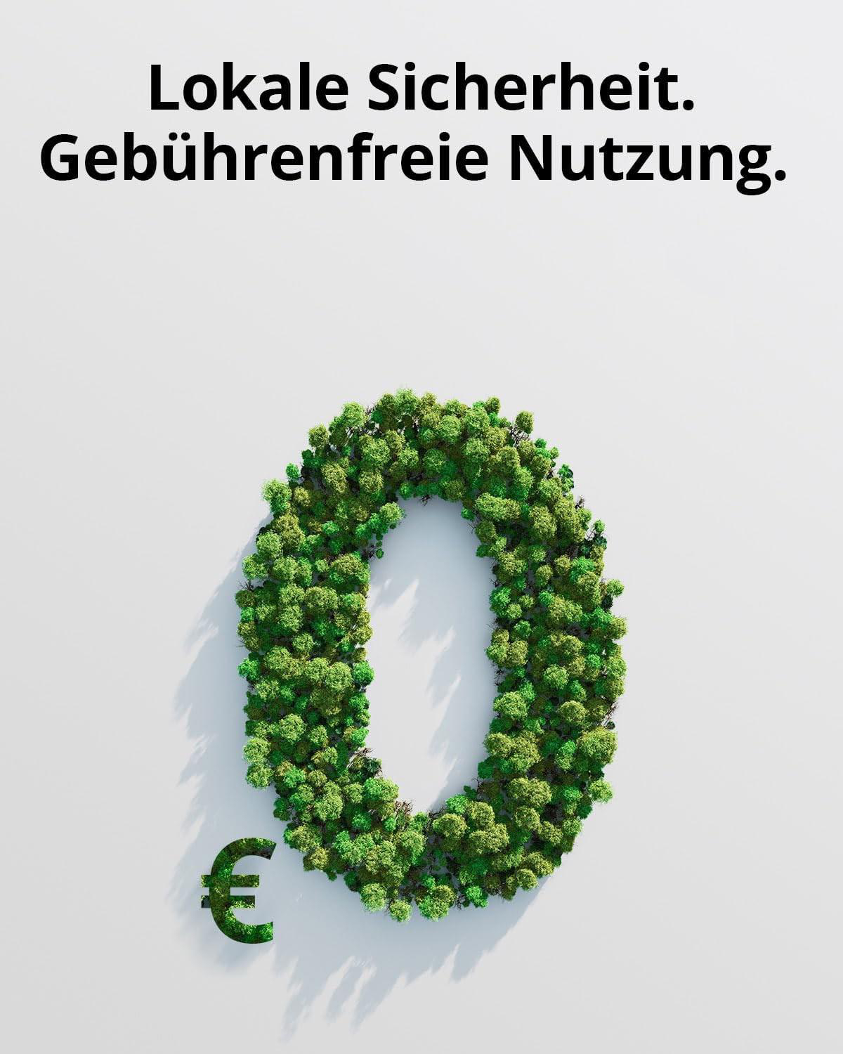 Das Bild zeigt eine große '0' aus grünen Bäumen, darunter ein grünes Euro-Symbol. Weißer Hintergrund und Text oben.