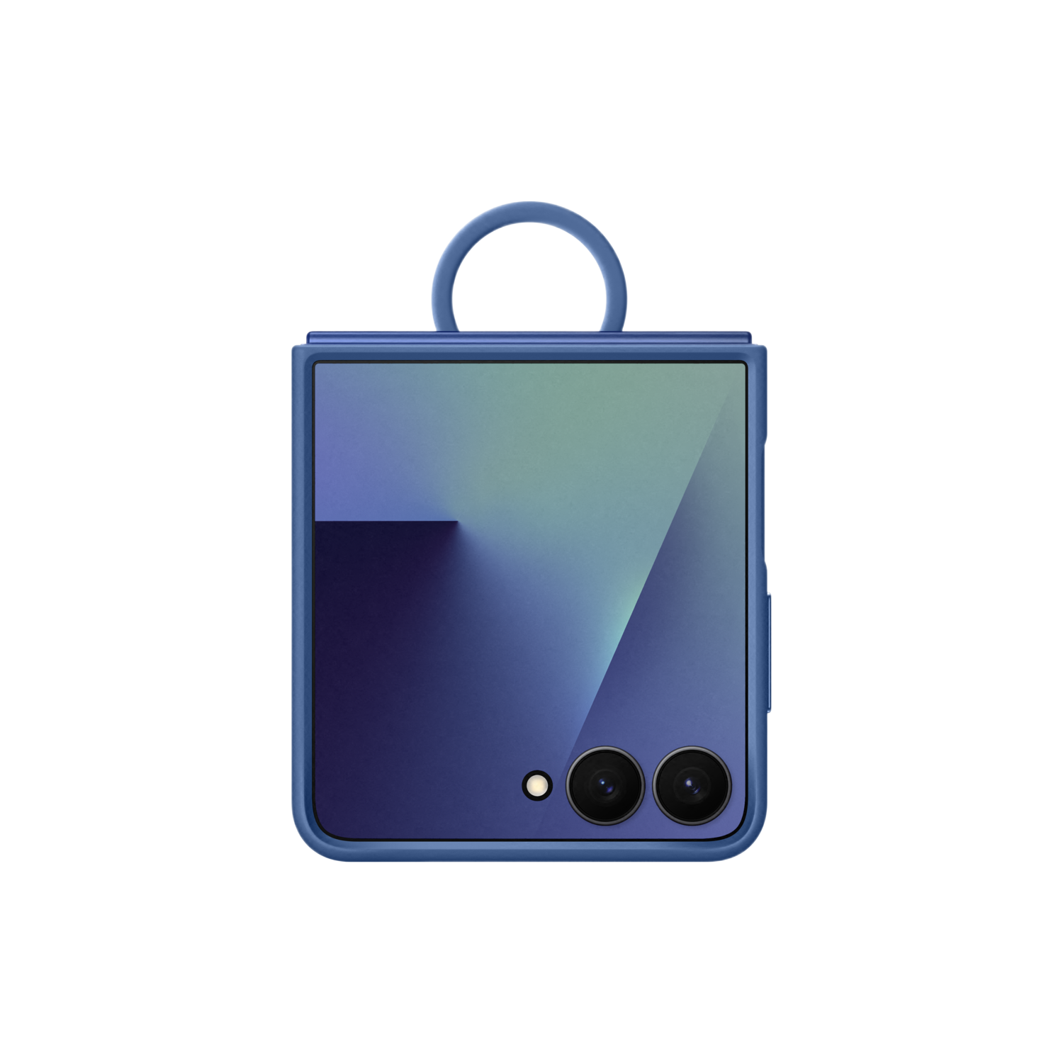 Een blauwe, opvouwbare smartphone wordt getoond tegen een zwarte achtergrond. Het heeft een lus aan de bovenkant en twee cameralenzen.