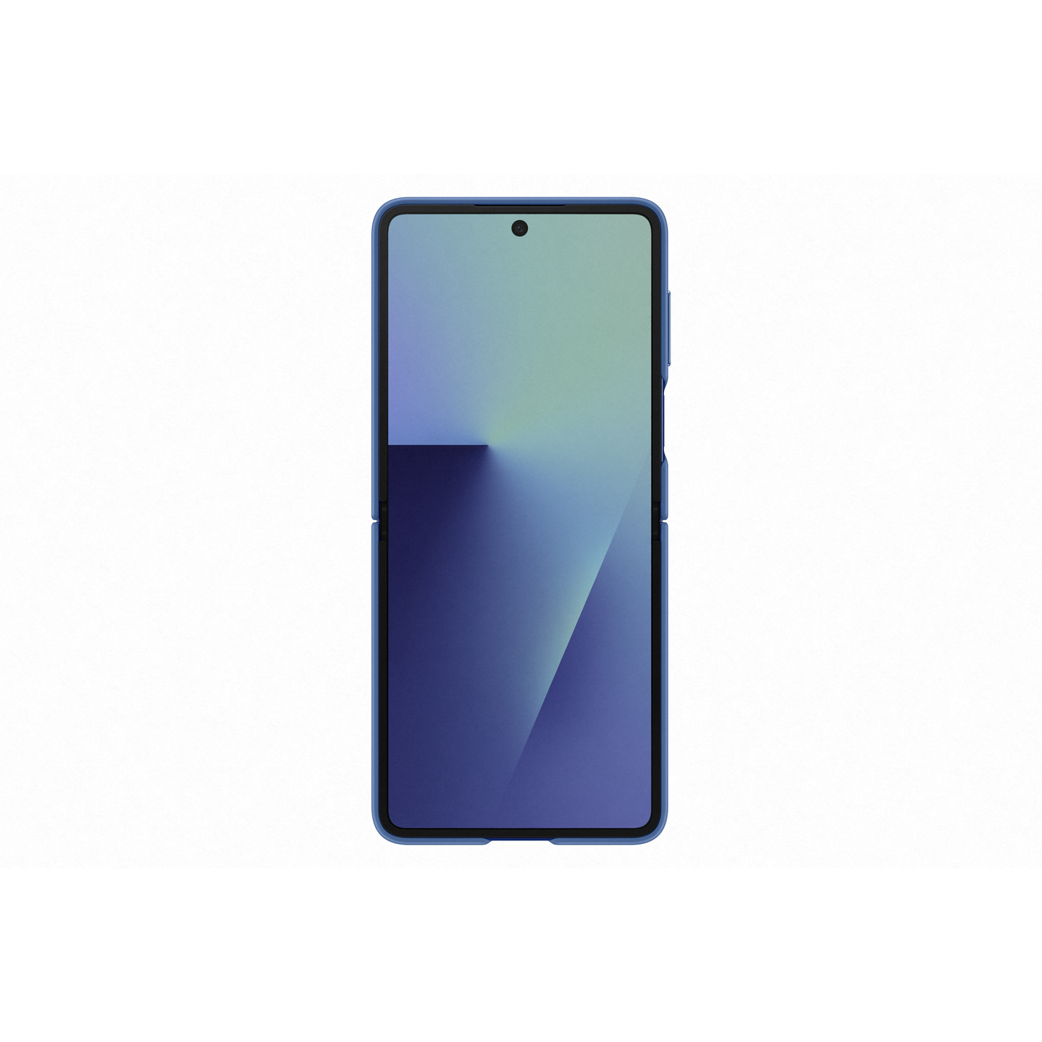 A blue smartphone is vertically centered on a white background. The screen displays a gradient of blue and green hues.