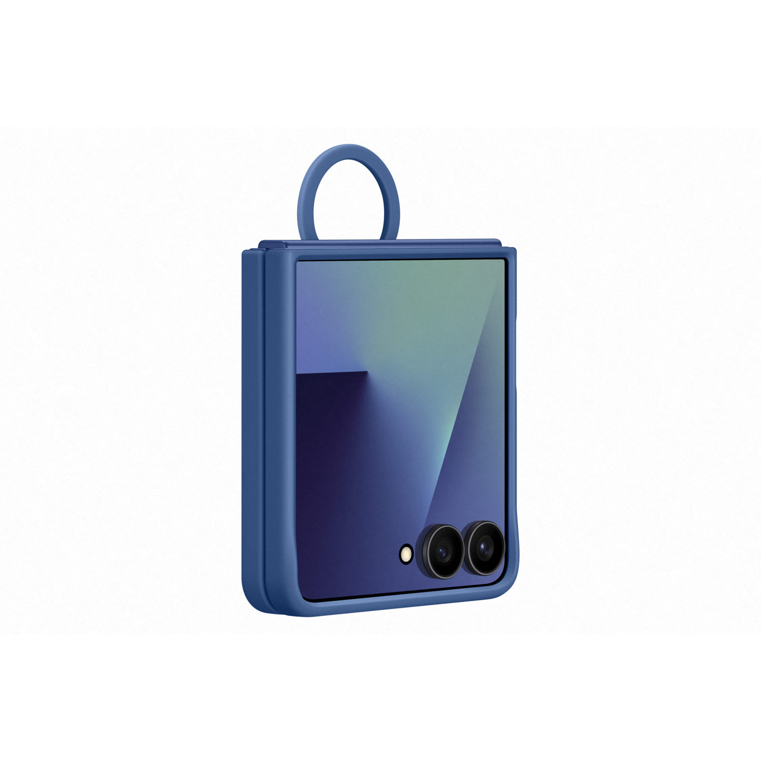 A blue foldable phone, closed, with a loop at the top. It has a gradient screen and two cameras. The background is white.