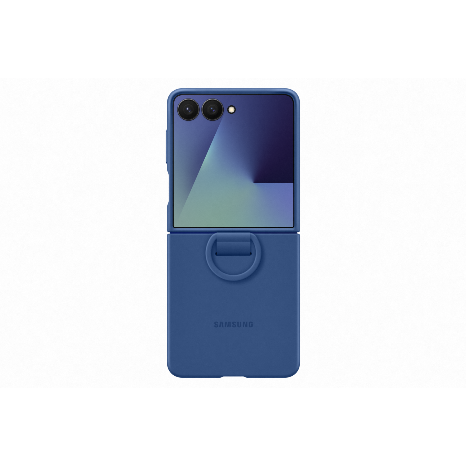 Blue Samsung phone case, open, showing screen. The case is in two parts, one with a handle, the other with camera.