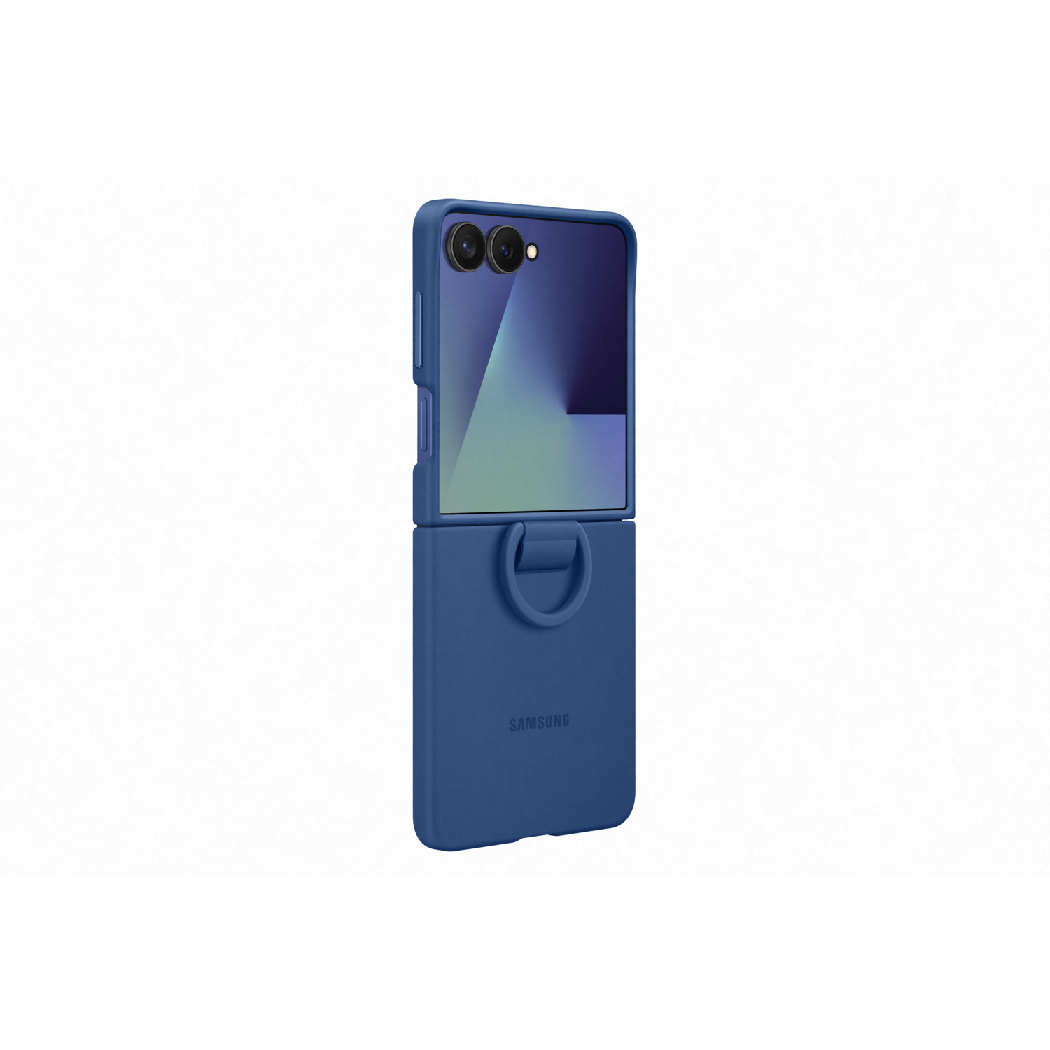 A blue Samsung phone case with a ring is shown. The phone is partially open, revealing the screen. The background is white.